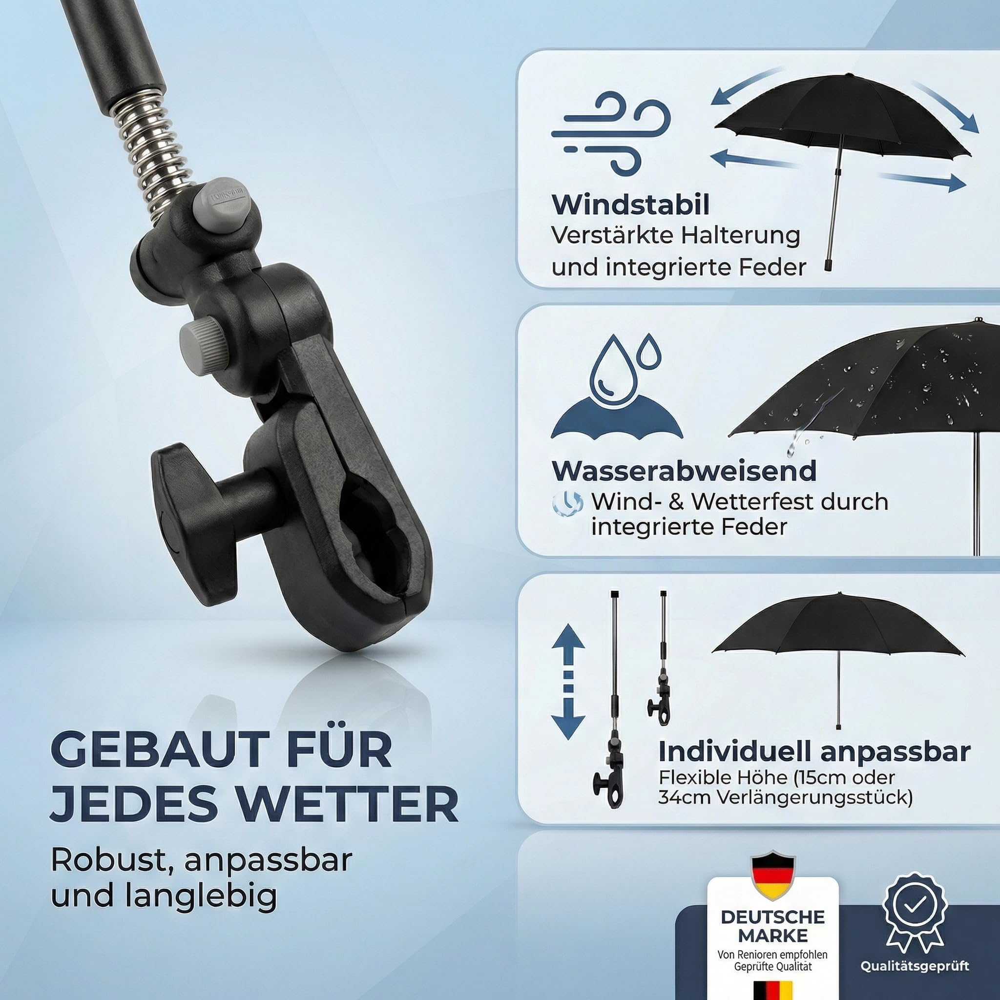 Regenschirm für Rollator und Kinderwagen mit Halterung, höhenverstellbarer Rollator Schirm - Praktische Rollator Schirmhalterung