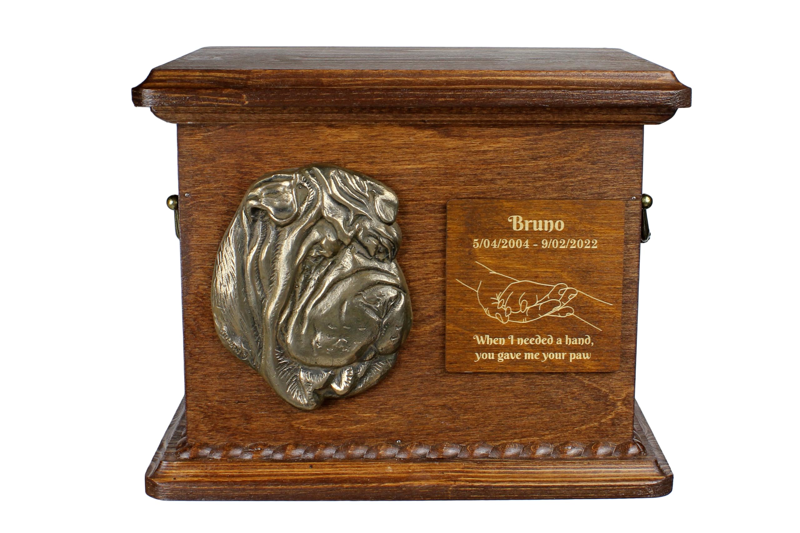 Art-Dog Urn for Dog Ashes - Handmade Memorial with Relief, Personalized Engraving, and Cold Cast Bronze Bust – Custom Pet Memorial Urn – 8.3x11.4x8.7” – Shar Pei