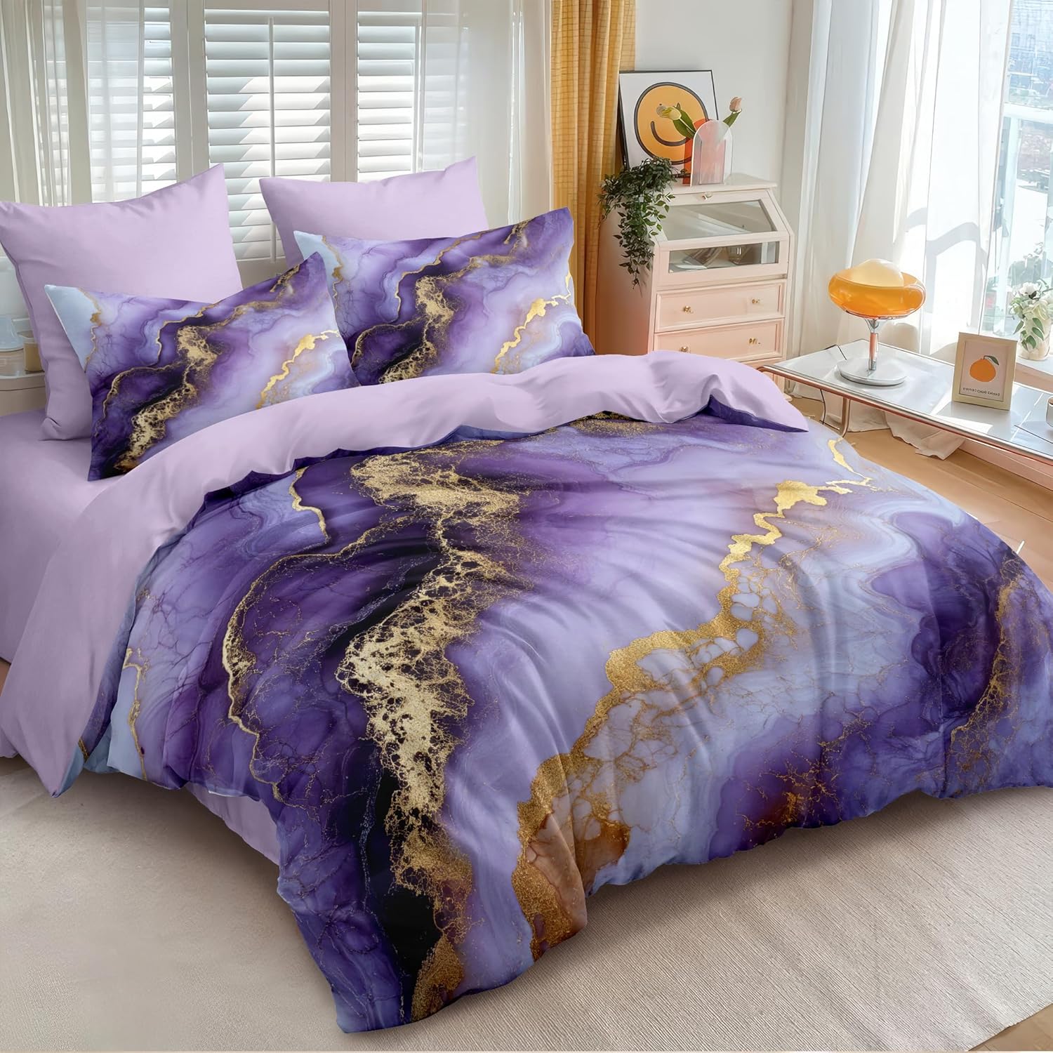 Nayoroom Purple Marble Comforter Set Queen Size Metallic Gold Marble Comforter 3 Pcs Kids Girls Geometric Cottagecore Bedding Set for All Seasons (1 Comforter, 2 Pillow Shams) - Image 2