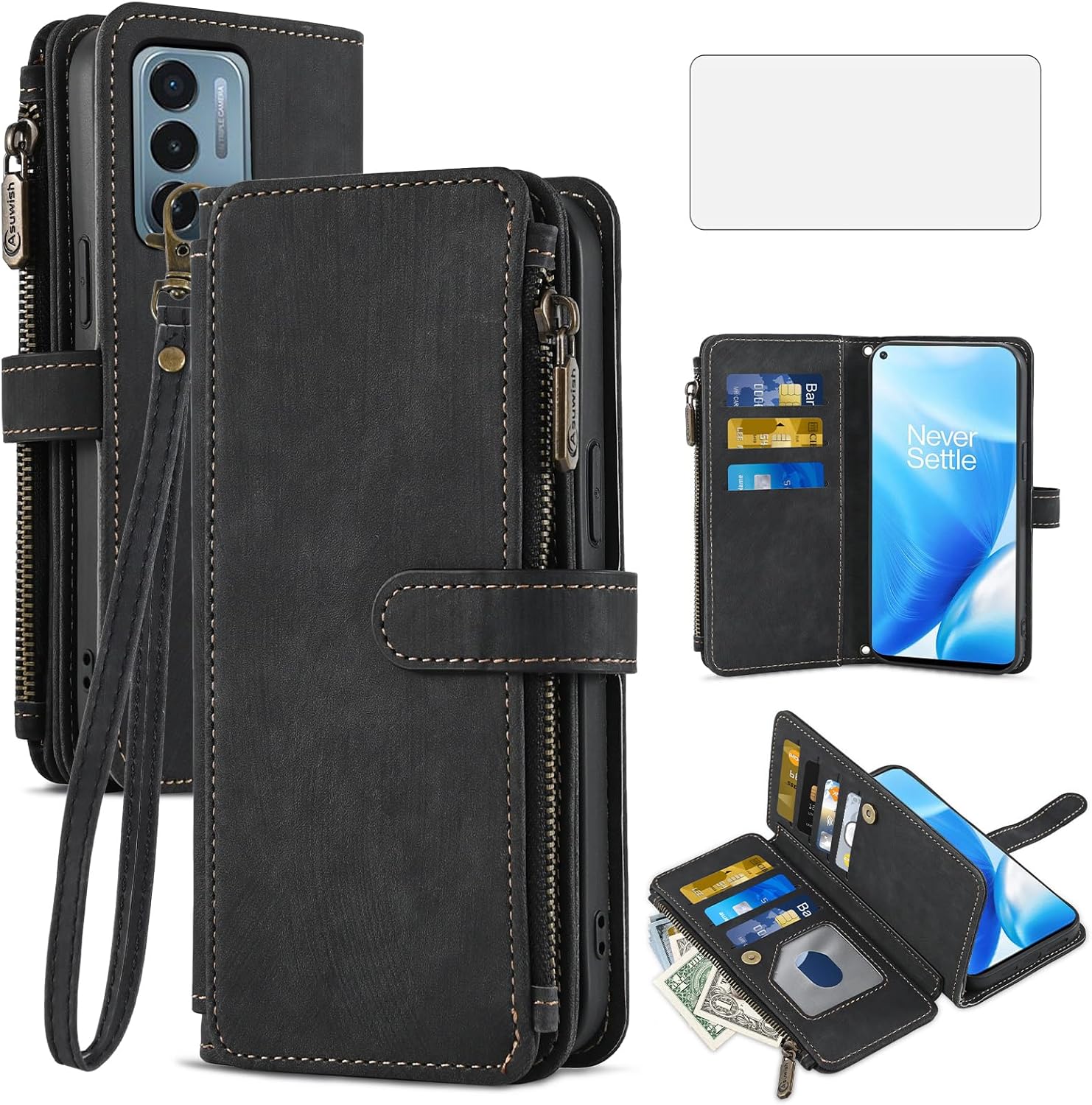 Asuwish Phone Case for OnePlus Nord N200 5G Wallet Cover and Tempered Glass Screen Protector Flip Card Holder Cell Accessories One Plus N 200 G5 1 Plus 200N 1plus One+ 1+ N2005G 2021 Women Men Black