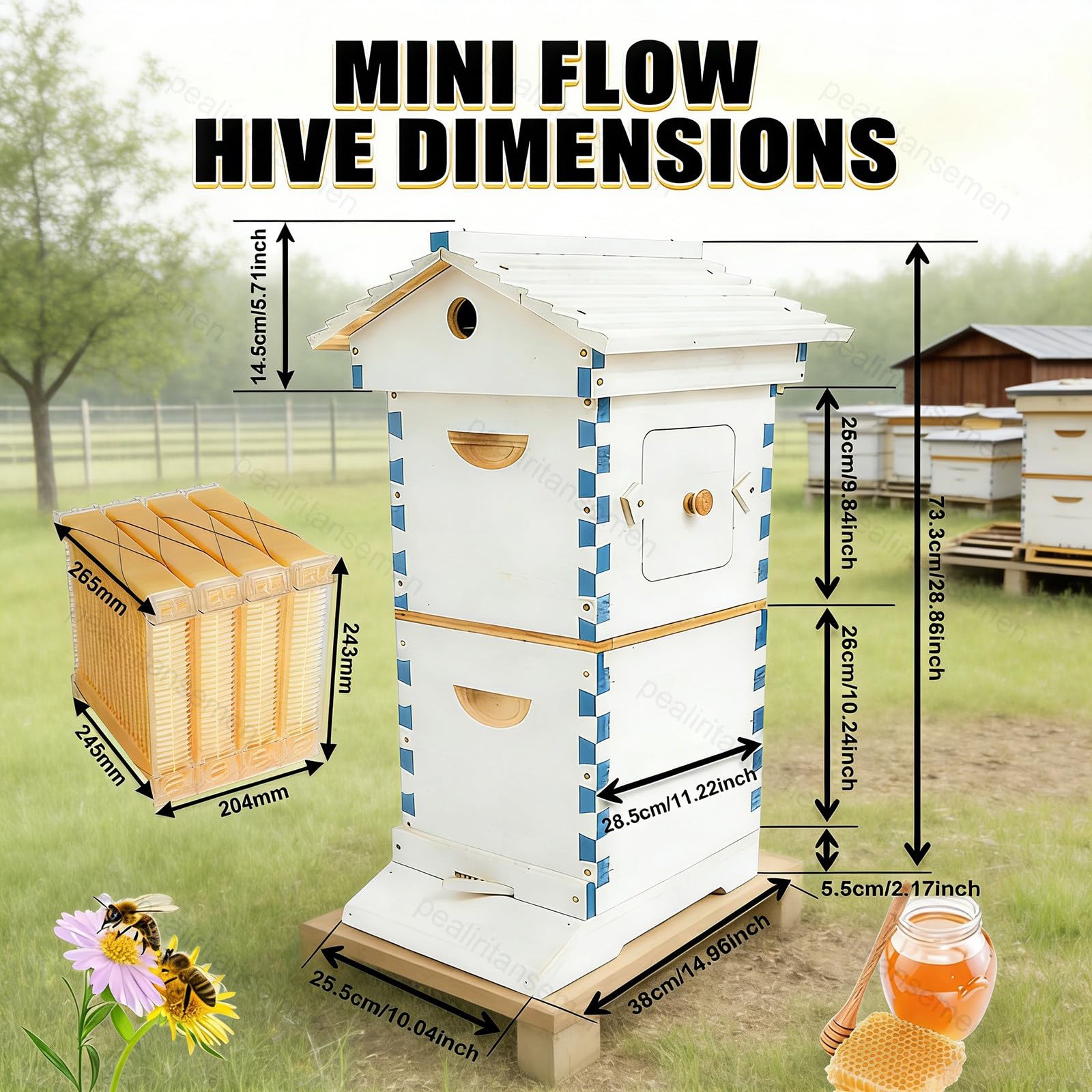 Verbesserter 2-In-1-Honigernte-Bienenstock – Bienen Halten Und Reinen Honig Ohne Werkzeug Ernten,Selbstfluss-Starterset,Mini-Holzbienenstock Mit Sichtfenster Für Den Balkon Bake-Painted