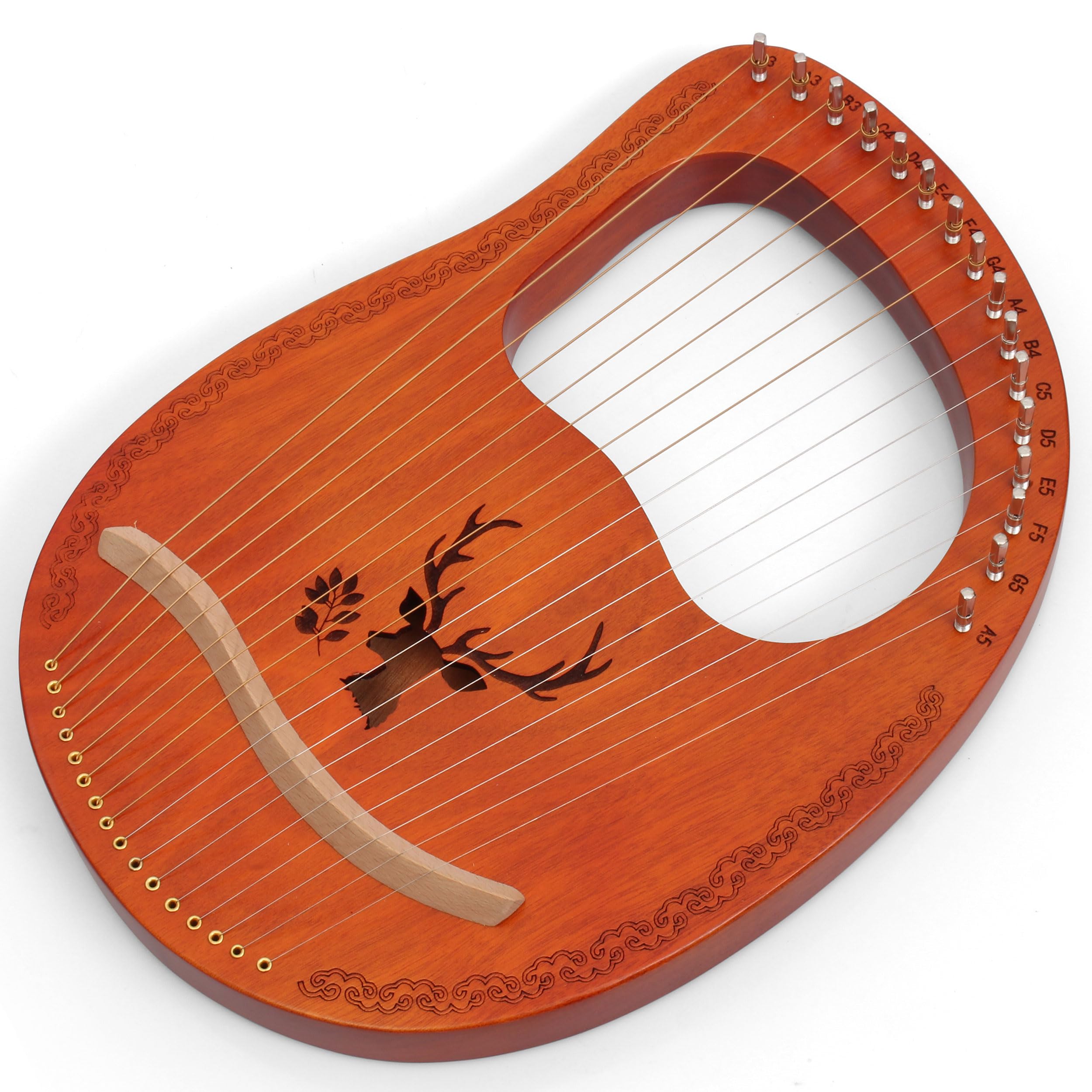 Lyre Harpe 16 Cordes Métalliques en Acajou Petite Harpe Portable Harpe Lyre Métal Selle avec Clé de Réglage et Housse Noire, Marron, Motif d'élan