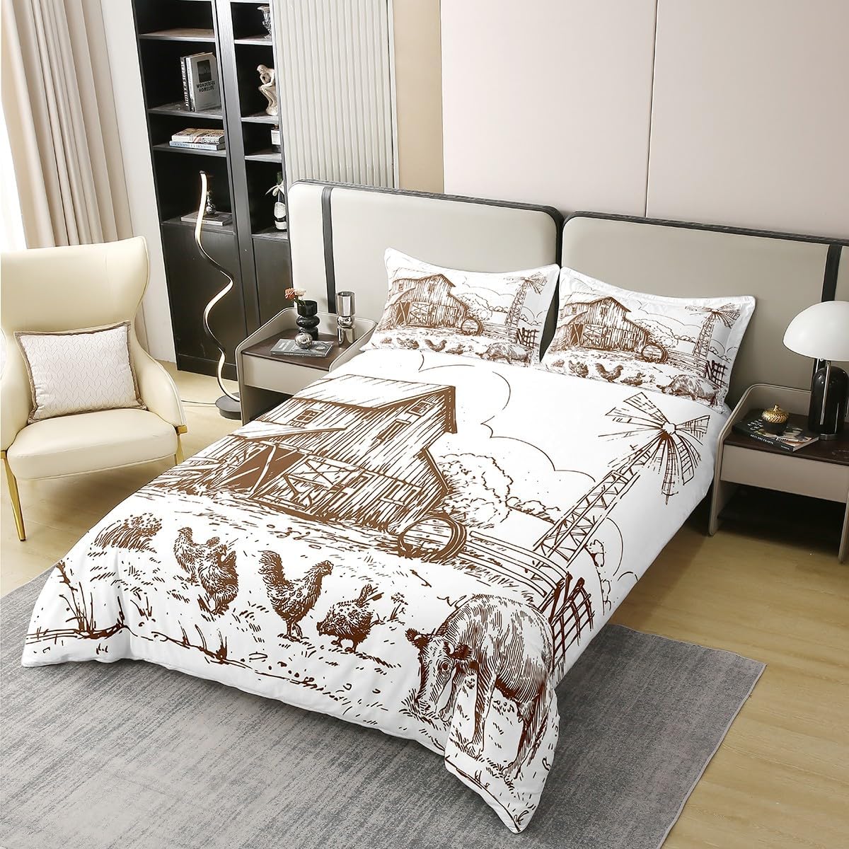 100% Organic Cotton Windmill Comforter Cover Full,Rustic Barn Farmhouse Duvet Cover,Chick Cow Farm Animals Bedding,Hand Drawn Illustration Quilt Cover,Countryside Rural Meadow Bedspread Cover,Taupe