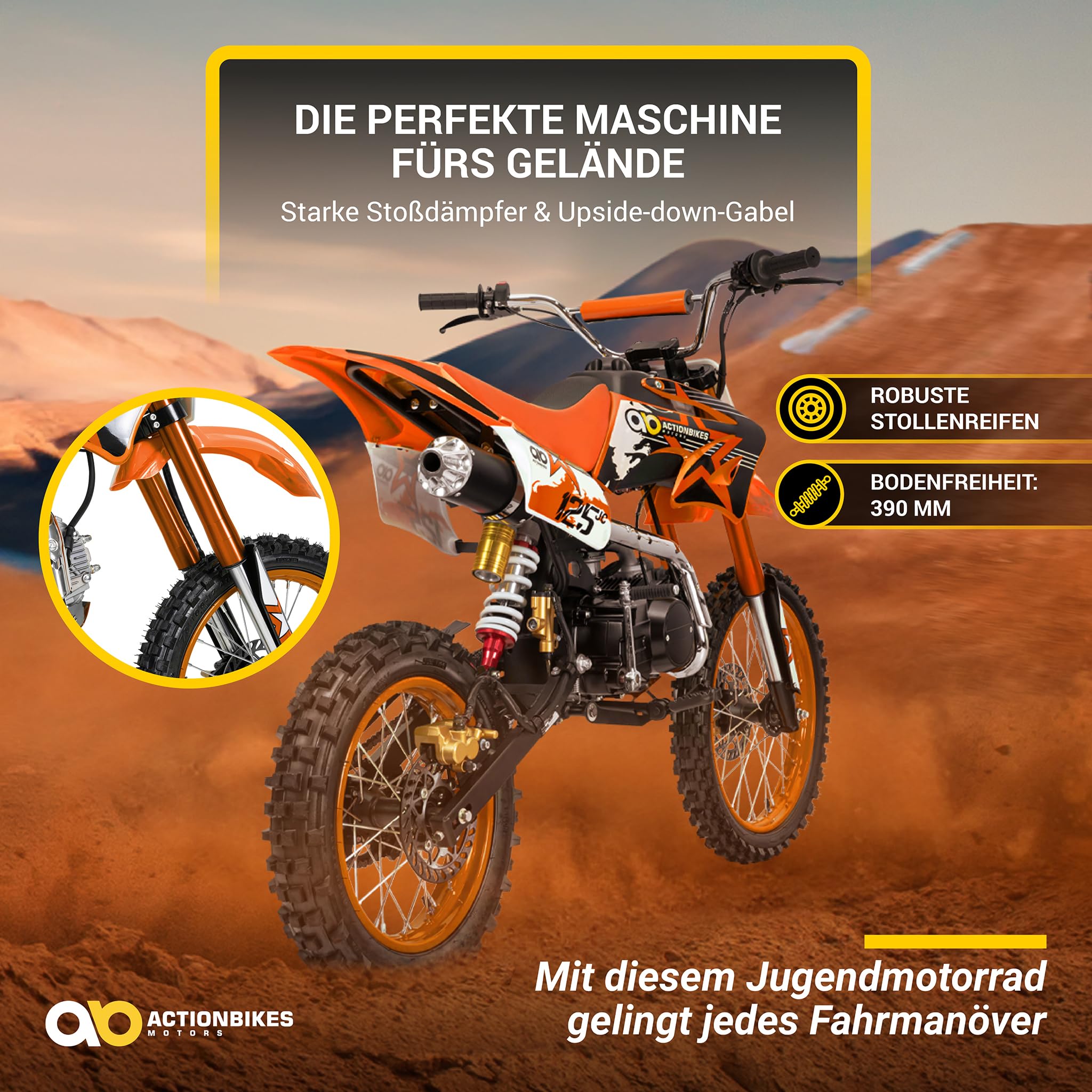 Actionbikes Motors Crossbike JC125 | 4-Takt 125ccm Benzinmotor (Schwarz) | Bis 𝟖𝟎 km/h | Motorrad | Pocket Bike | Dirt Bike | Motocross | Pocketbike | Motorsport | Dirtbike | Enduro ab 14 Jahren
