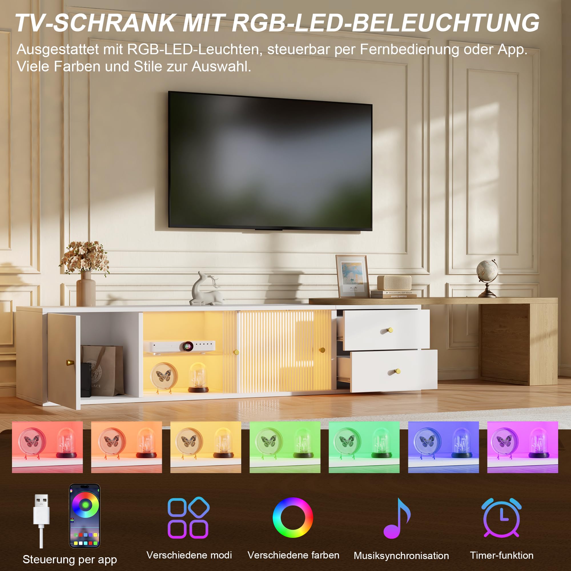 Mobile TV estensibile, 175 cm, con LED e vano portaoggetti, mobile basso per TV