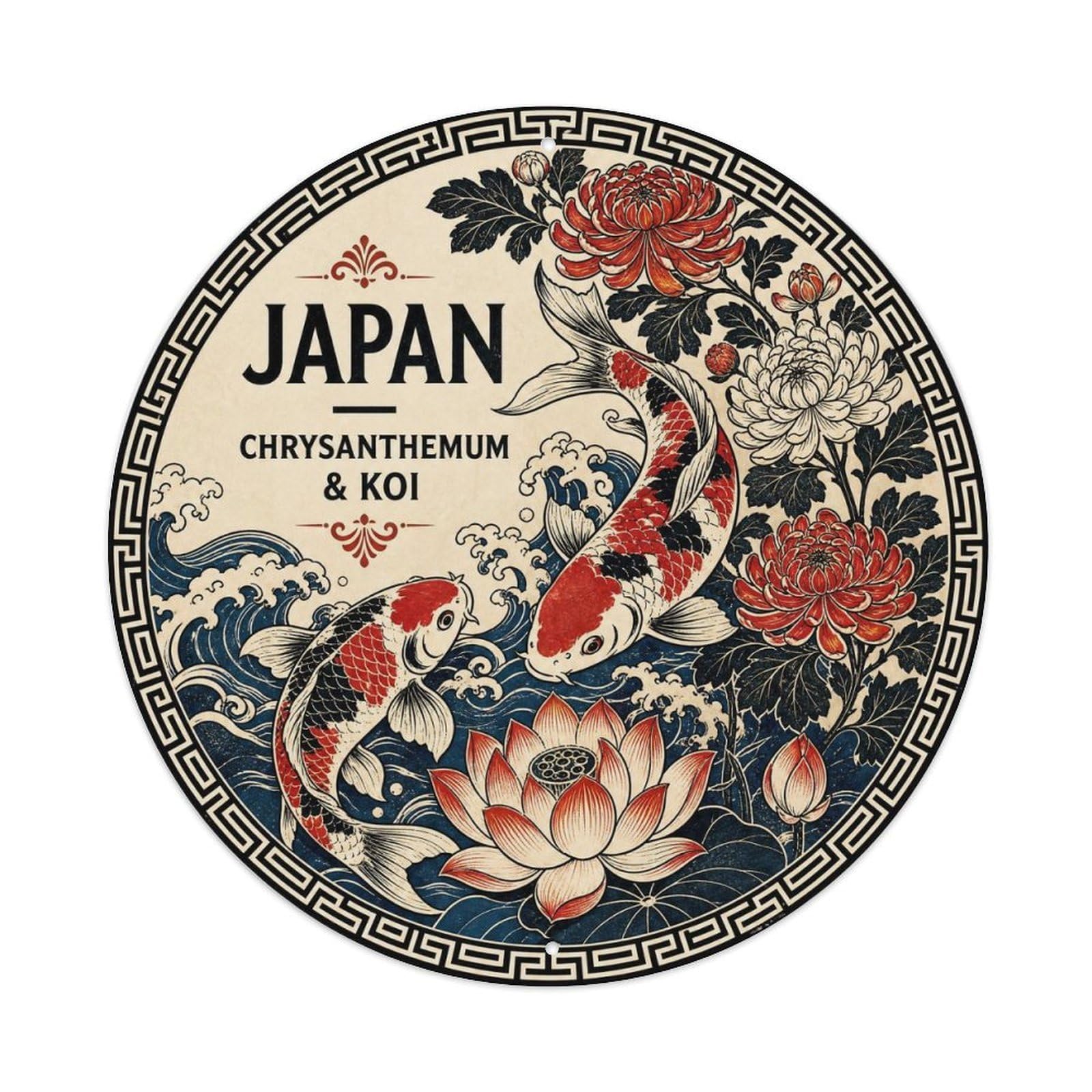 Olyhtr 8X8inch Classic Style Edo Japan Chrysanthemum Koi Ceramic Folk Pattern Metal Tin Sign