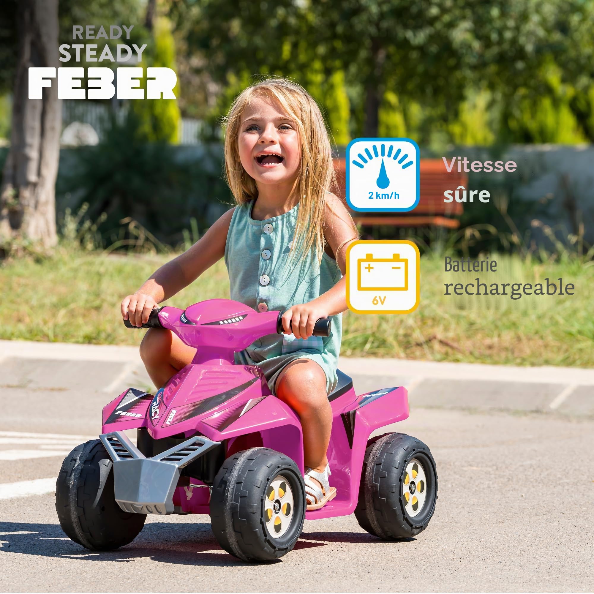 FEBER - Quad Racy Pink 6V, Voiture électrique pour Enfants de 18 Mois à 3 Ans, avec accélérateur, Grandes Roues Robustes pour Plus de stabilité, autonomie 40 Min, Chargeur Inclus, Famosa (FEN50000)