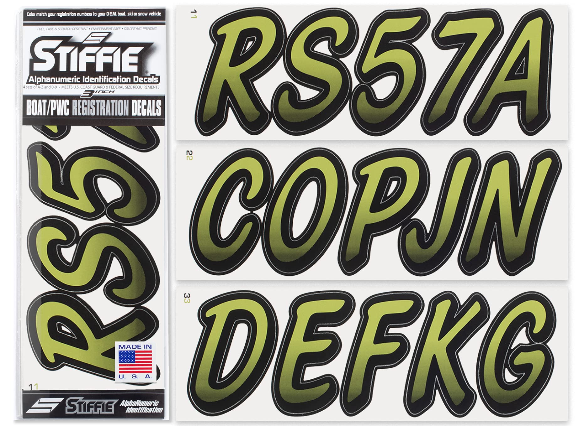 STIFFIE Whipline Moss/Black 3" Boat &amp; PWC Registration Decals • Numbers Letters Stickers
