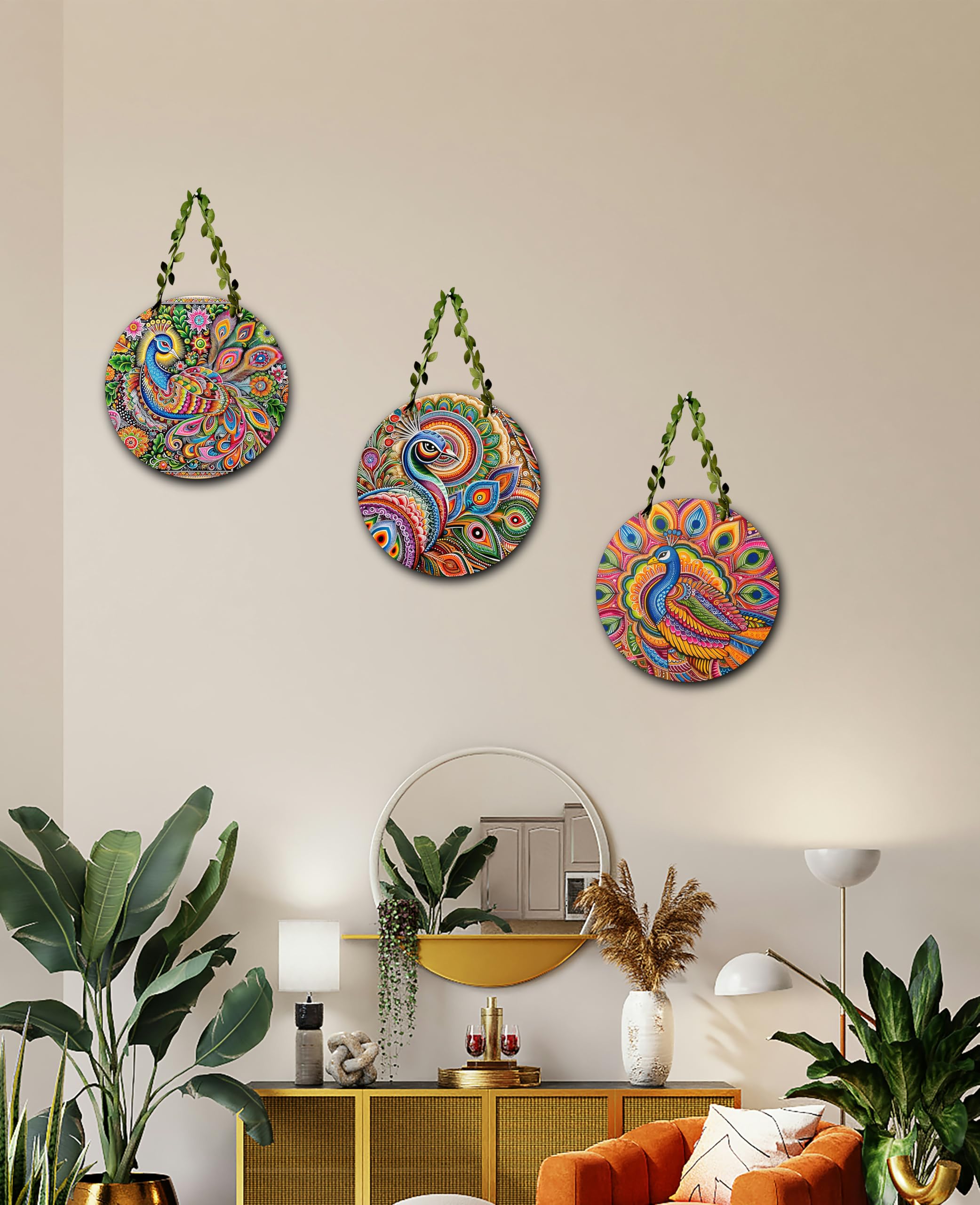 Peacock Wall Hanging Set β Round Decorative Wall Plates with Traditional Art Design Wall Hanging Decorative Items | Decor Items | MDA-Peacock-Cir-(Set of 3) 3