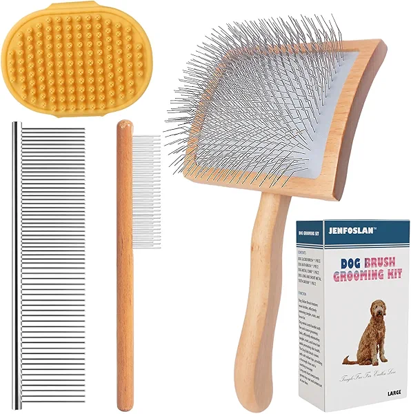 JENFOSLAN Slicker Brush for Dogs, Professional Dog Grooming Brush for Golden Doodle & Poodle - Deshedding Dog Brush for Medium or Long Haired Dogs, Remove Tangles, Knots and Mats (4PCS, Wooden, Large)