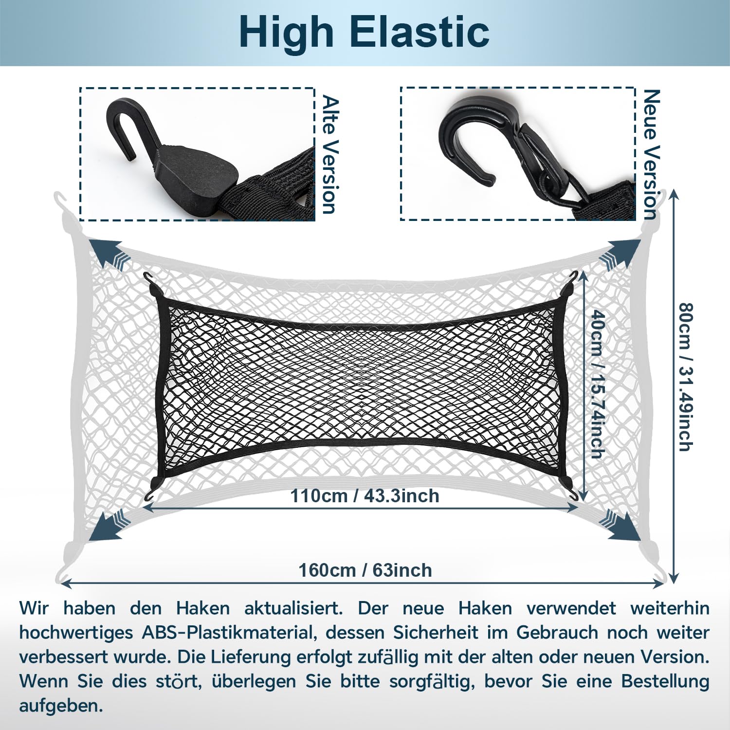 Filet de Coffre Universel élastique pour bagages40x110 cm Organisateur de Coffre en Maille avec Crochets Filet de Chargement pour Pick-up, camionnette, SUV