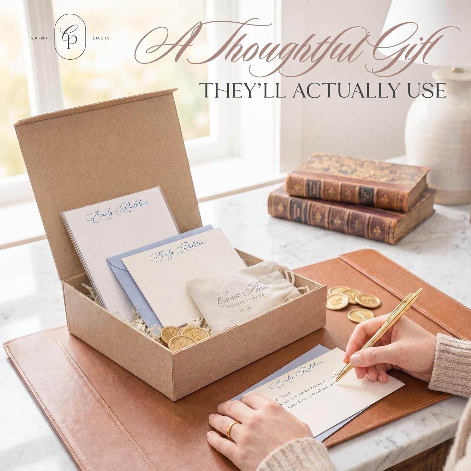 Curio Press Personalized Stationary Set Gift Box, Personalized Stationery Note cards with Envelopes, Notepads, Wax Seals, Gold Pen – Thoughtful Gifts for Women or Men Professionals, Client, Corporate
