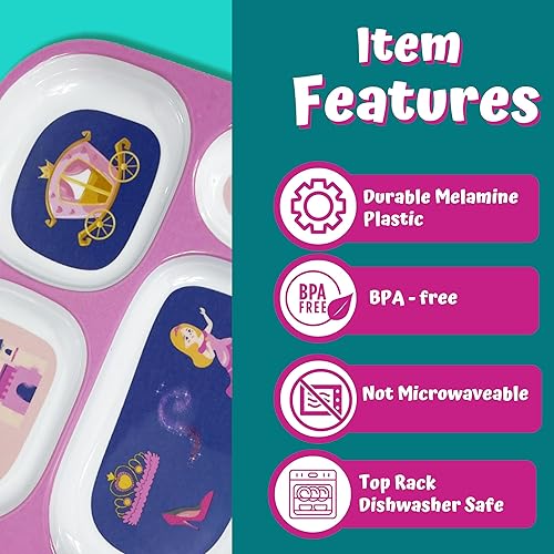 Miniatura 3 de 4E's Novelty 4 platos llanos de melamina para niños y niñas, platos divididos de plástico, juego de vajilla para niños pequeños quisquillosos, sin