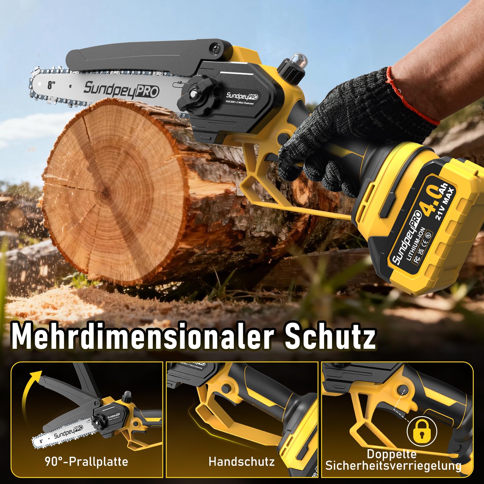 Mini Akku Kettensäge 8 & 6 Zoll - 21V Bürstenlose Kleine Kettensäge mit Akkus 8000mAh, Werkzeugloser Kettenspannung und Öler，Handkettensäge, Akku-Säge zum Beschneiden von Holz, Ästen