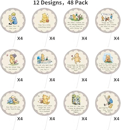 Miniatura 2 de 48 Pcs Winnie Quotes Cupcake Toppers Classic Pooh Cake Decorations Cake Toppers Boys Girls First Birthday Party Favors Baby Shower Decor