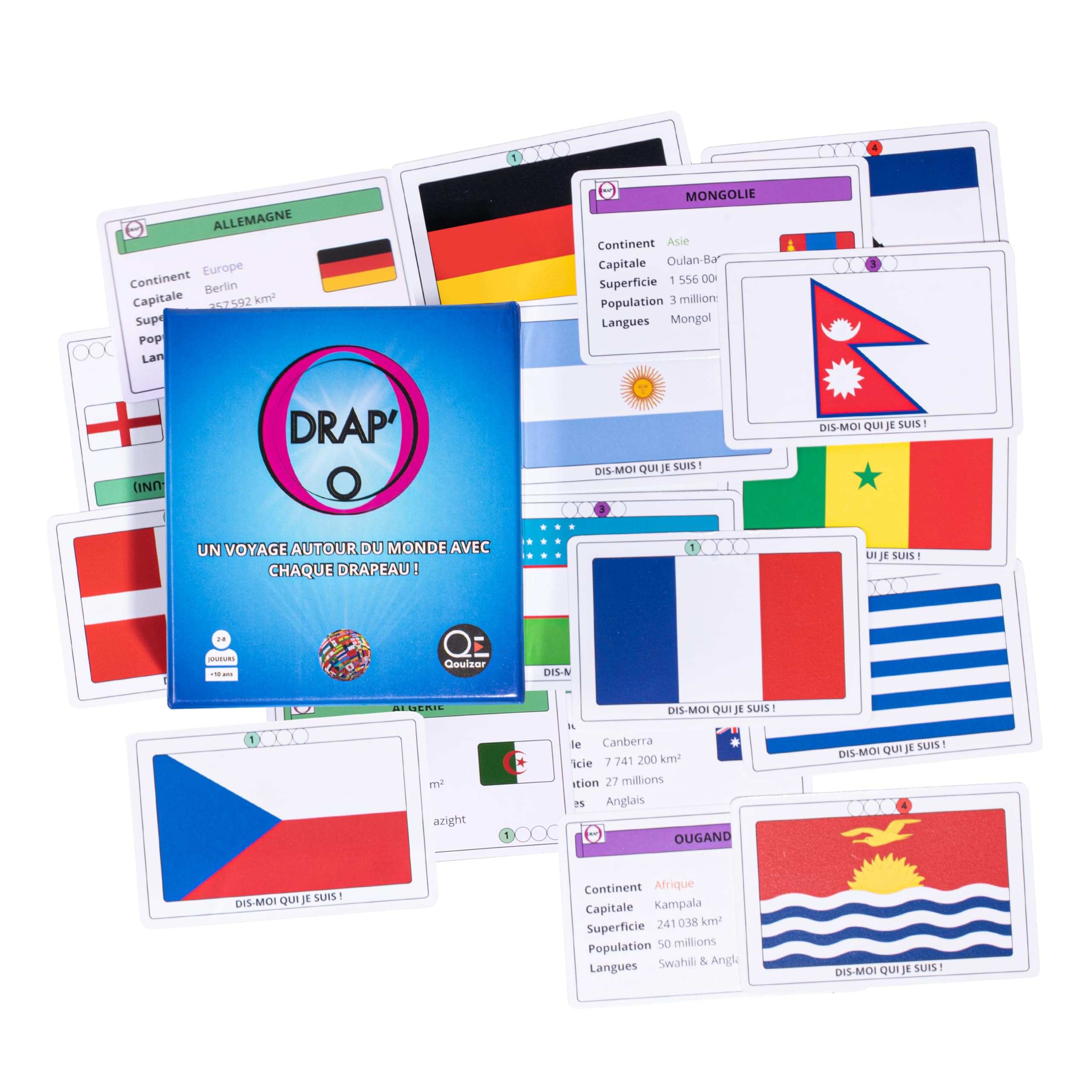 Drap'O - Gioco di Carta: Bandiere del Mondo | 208 Paesi | Capitali, Lingue, Continenti. Geografia e strategia | 4 Livelli di difficoltà | per bambini e adulti - Gioco educativo