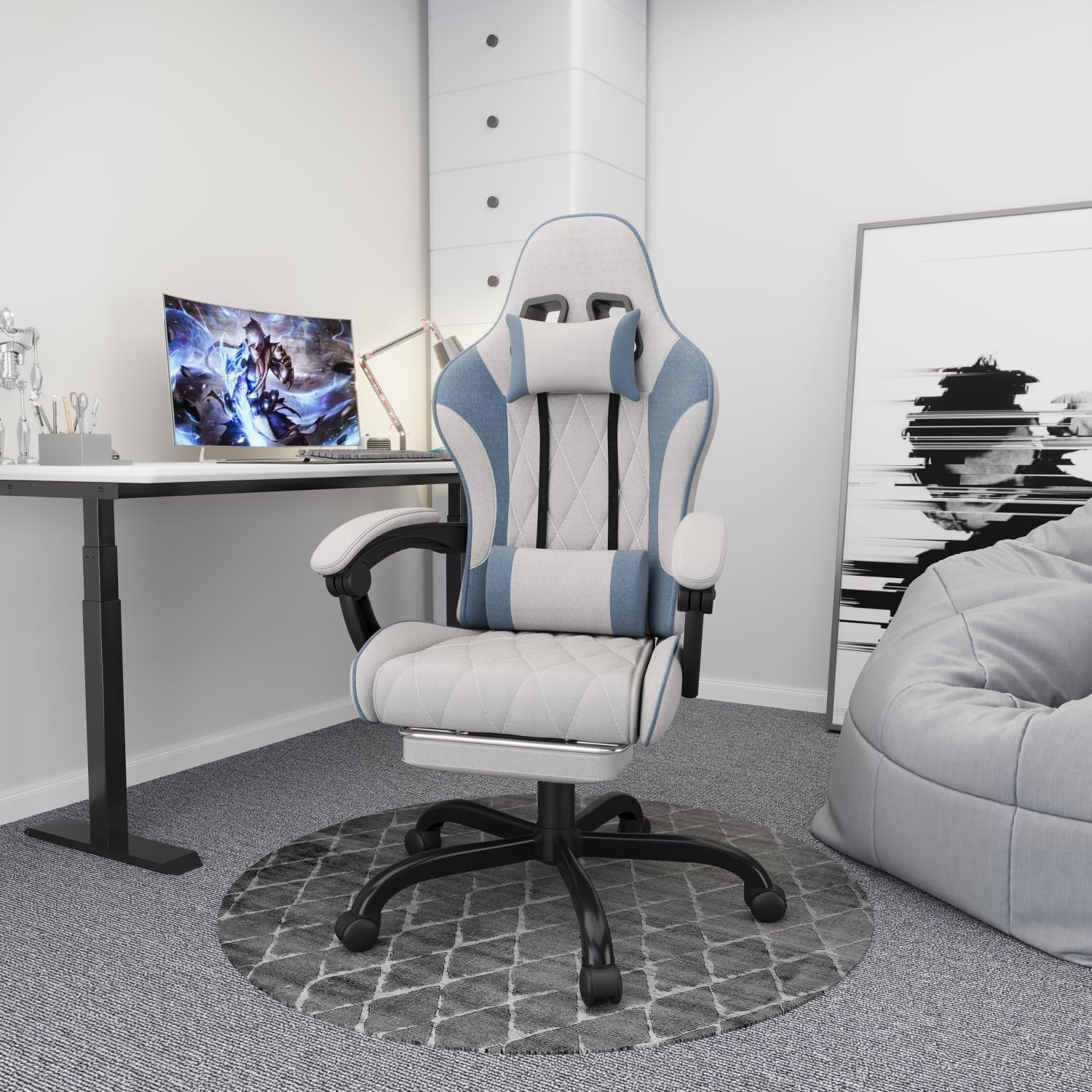 Flamaker Sedia da Gaming in Tessuto con Poggiapiedi, Massaggiante Sedia Ufficio con Schienale alto(con Presa USB), Cuscino Ispessito da 9 cm, Sedia da Gioco Ergonomica per Adulti, Grigio Chiaro