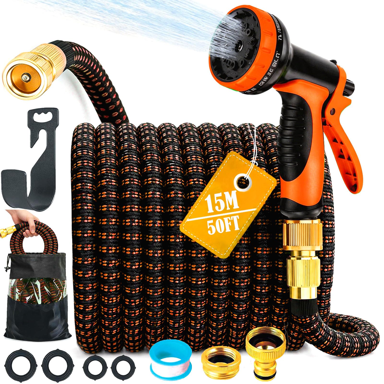 Nexvora Orange Expandable Garden Hose, 50Ft 15M Flexible Water Hose