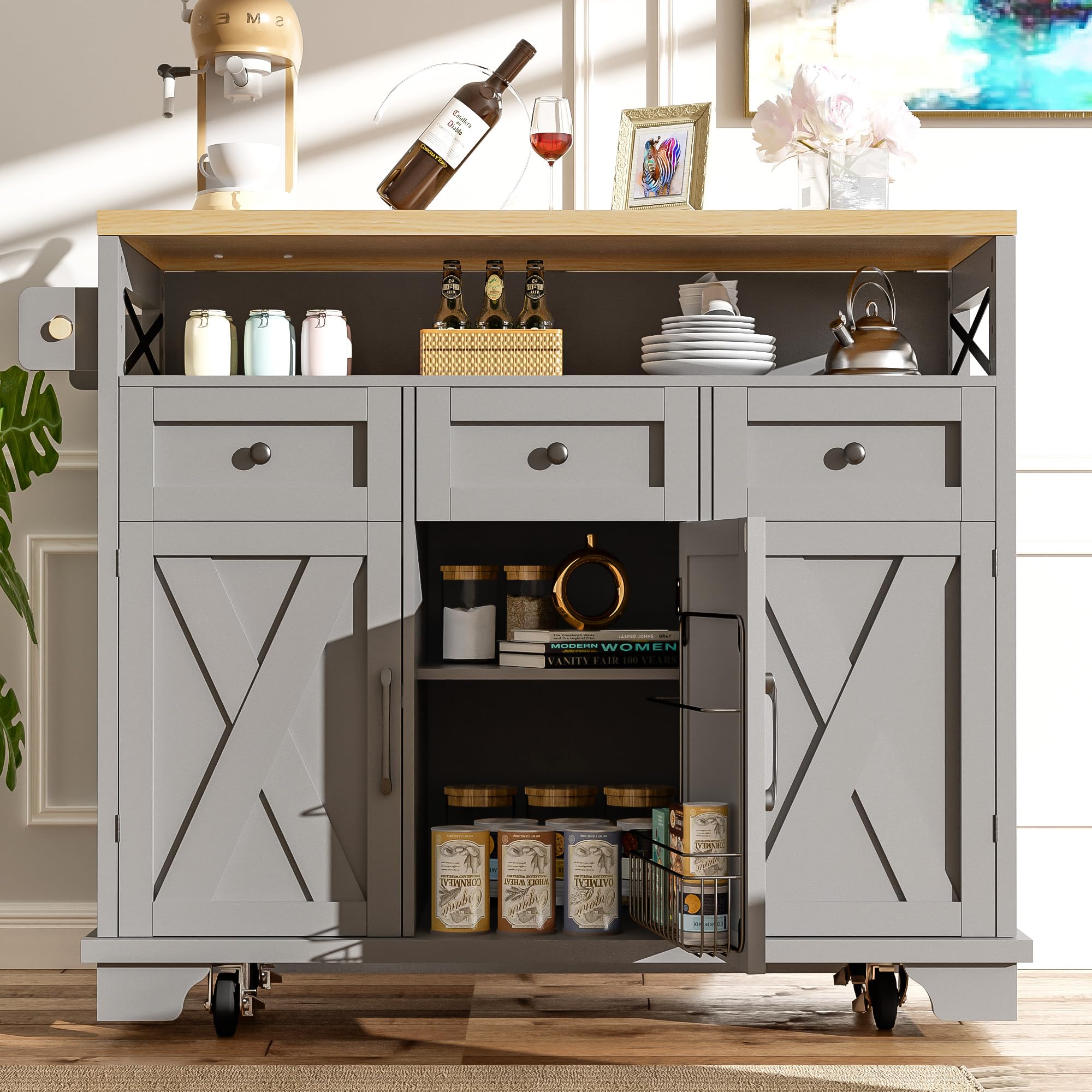 Nowoczesna wyspa kuchenna (118 x 43 – 80 x 98 cm), szafka kuchenna z rysunkiem słojów drewna, wózek do jadalni z kółkami, z wielofunkcyjnym schowkiem, wyjmowanymi ściankami działowymi, z