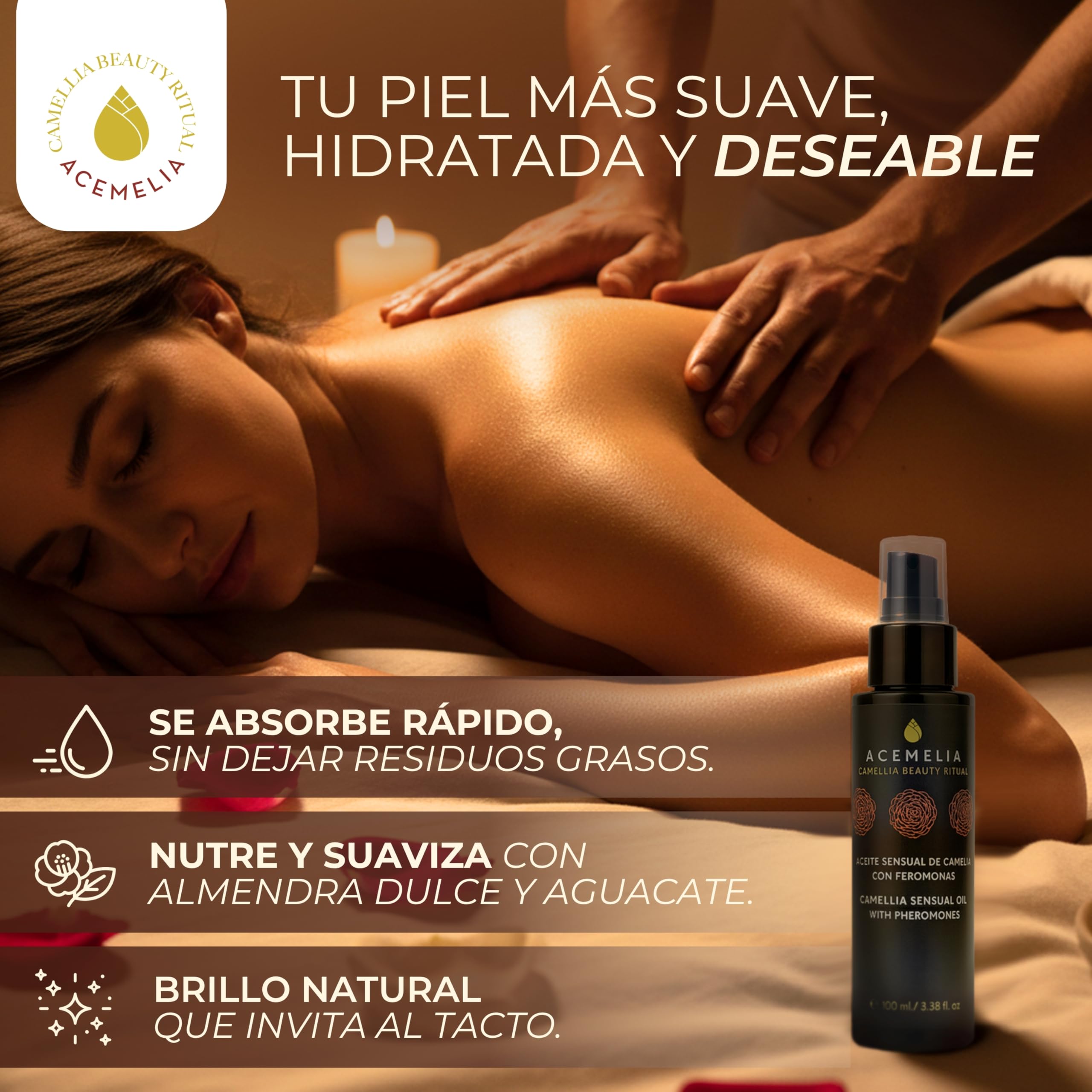 ACEMELIA | Aceite Sensual de Camelia con Feromonas – 100 ml | Aceite de Masaje Erótico Afrodisíaco Natural para Parejas | Nutre, Suaviza y Despierta la Pasión – Vegano y Made in Spain
