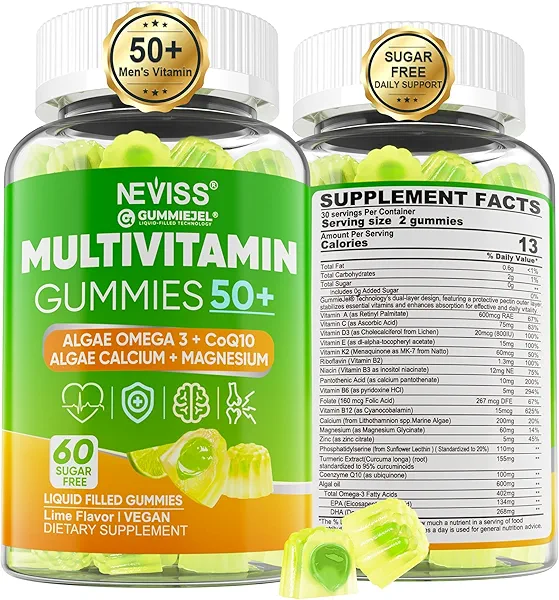 Multivitamin for Men 50 + Plus, Sugar Free Men Multivitamins Gummies w/Omega-3, Coq10, D3k2, Calcium, Magnesium, Zinc, Vitamins A, C & E, Mens Vitamins for 𝖧𝖾𝖱𝗍, Antioxidant, Brain, Bone, 60cts