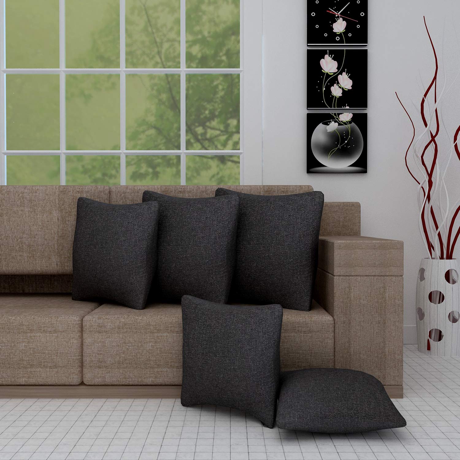 S N TRADERS Jute Cushion Cover in Elegant Black (5 Piece, 16x16 Inch) - Stylish and Sustainable Accent for a Cozy and Chic Living Space - Elevate Your Home Decor