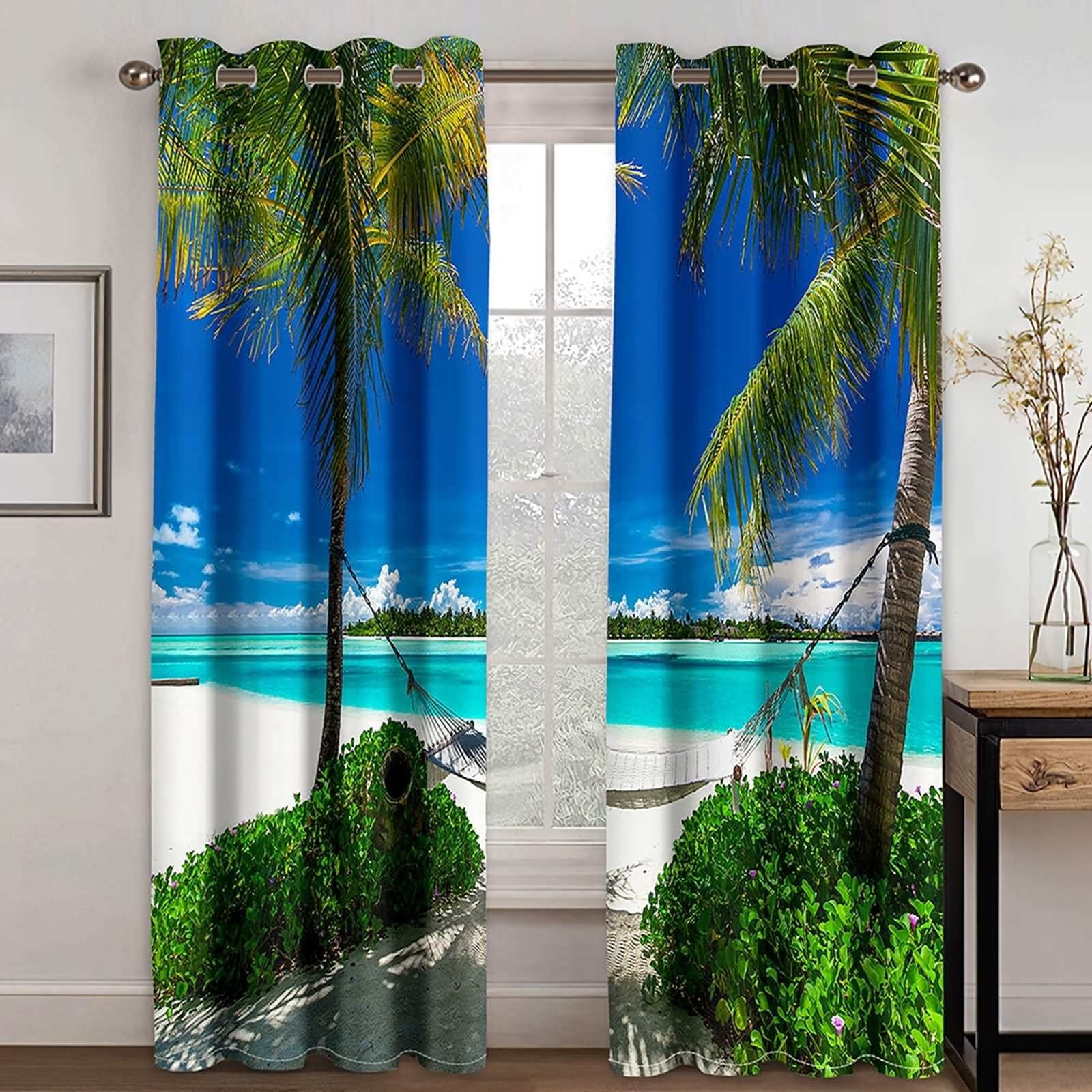 Zasłony okienne, czeska krótka zasłona zielony niebieski krajobraz palm na plaży i morzu poliester 2 panele 192 x 229 cm