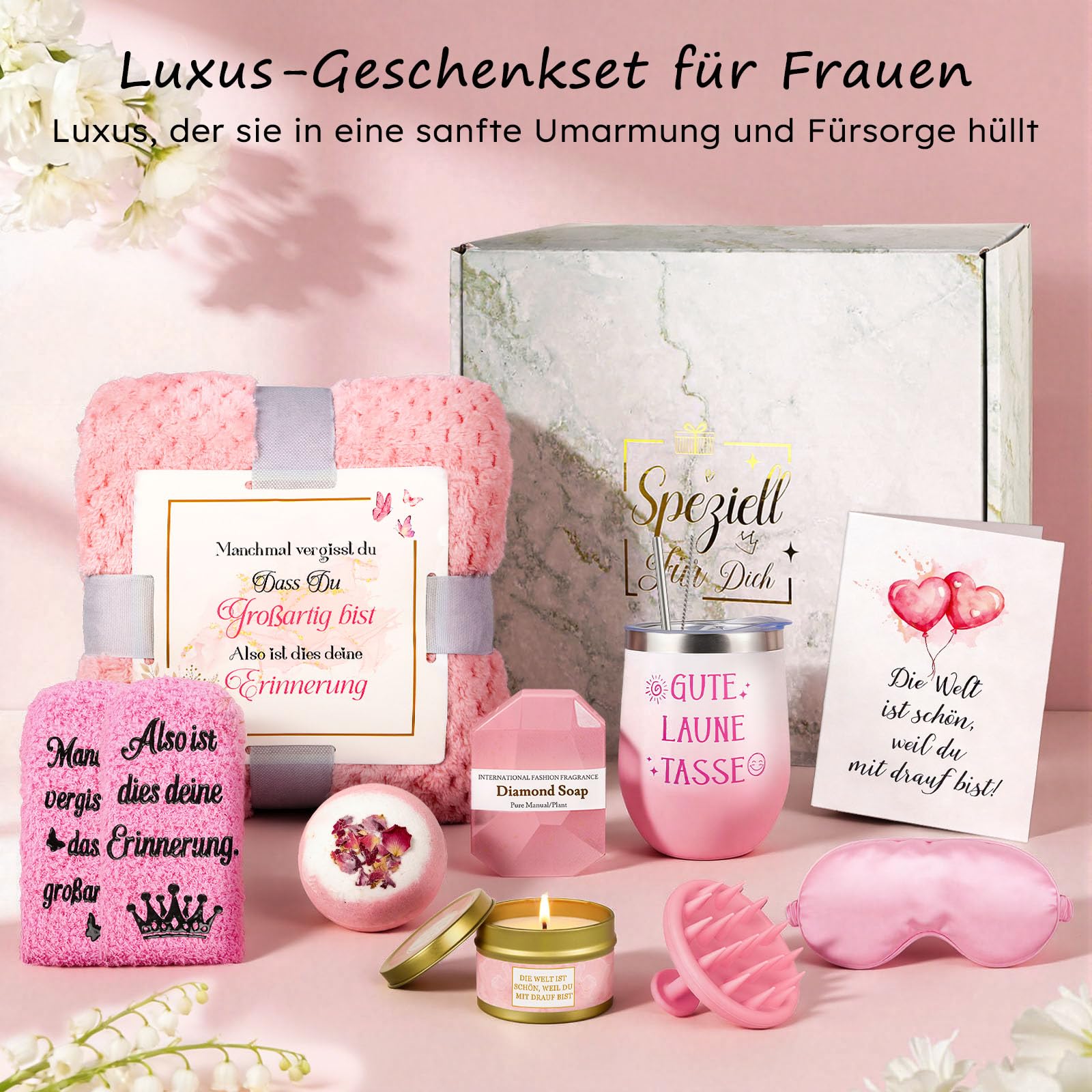 TUZELIYA Geschenke für Frauen Freundin - Geburtstagsgeschenk - Wellness Geschenkset - Gute Besserung & Mutmacher Geschenke - Geschenkideen für Mama, Schwester, Tochter, Kollegin, Tante, Ehefrau - Rosa