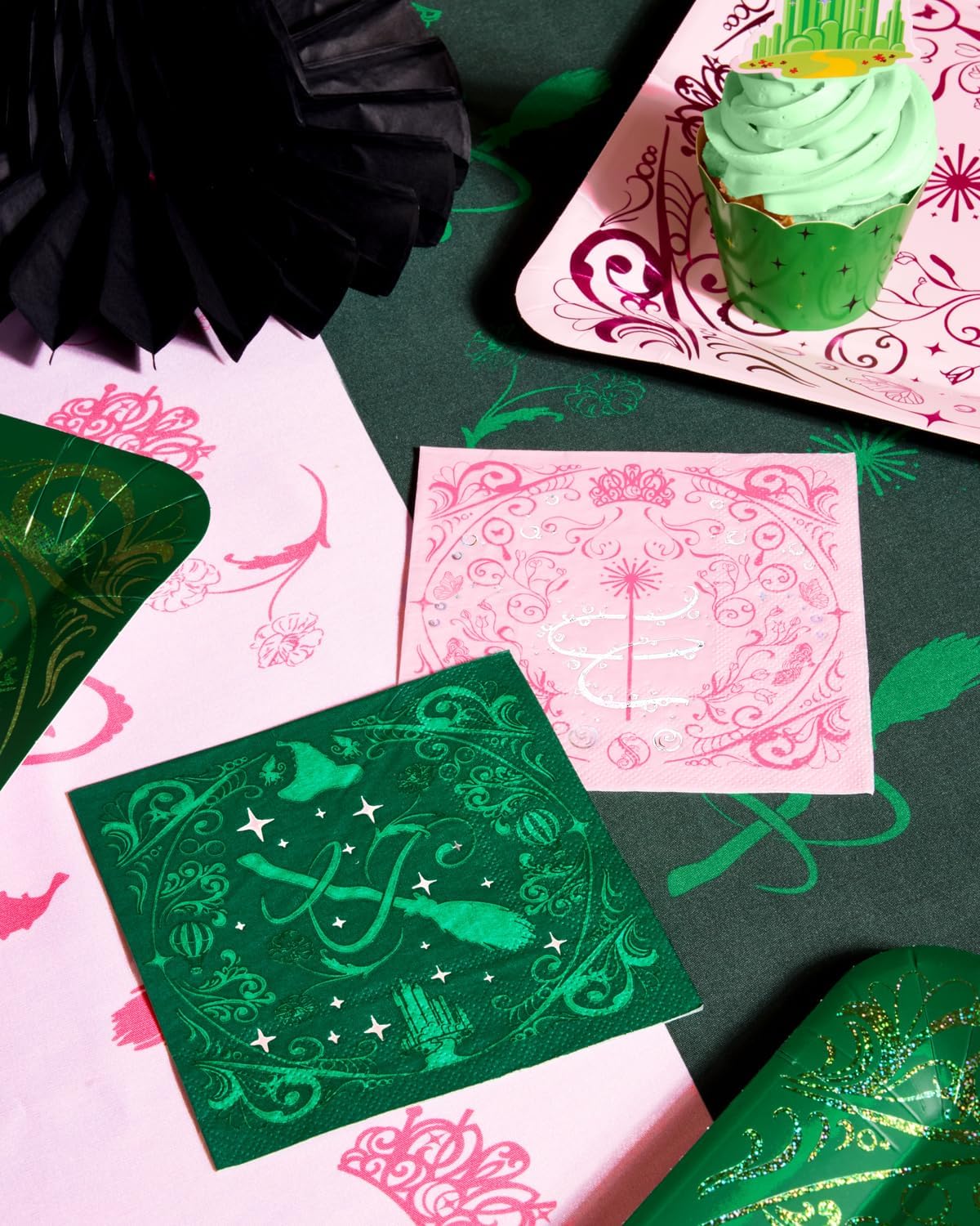 xo, Fetti Pink + Green Witch Paper Napkins | 3-ply, 24 pcs | Wizard Bachelorette, Magical Birthday Decorations, Kids Party Setting, Girls Spellbound Decor