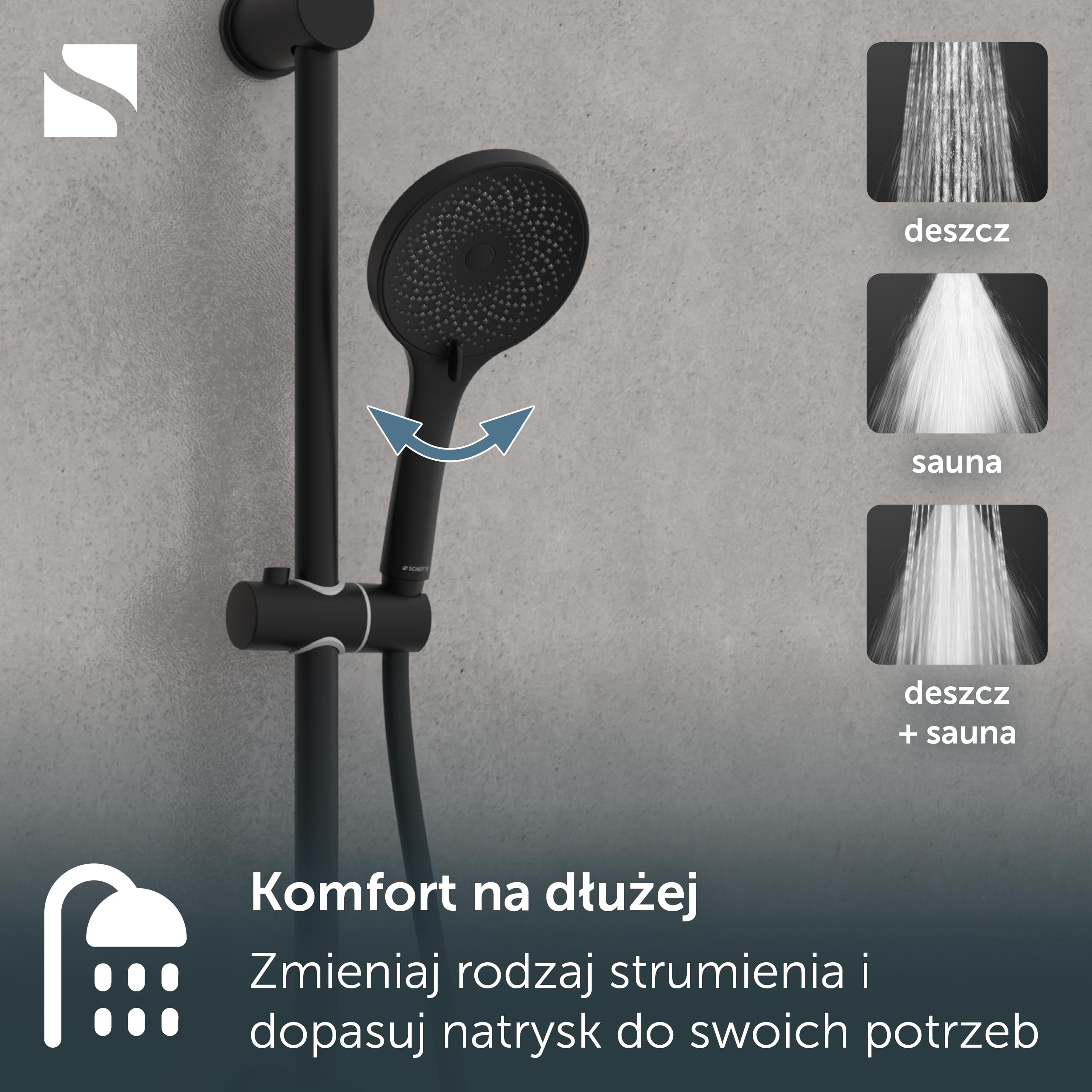 SCHÜTTE RAVEN drążek prysznicowy i słuchawka prysznicowa, z 3-stopniową regulacją głowicy prysznicowej, zestaw prysznicowy z kolumną prysznicową, panel prysznicowy z wężem, kolor czarny