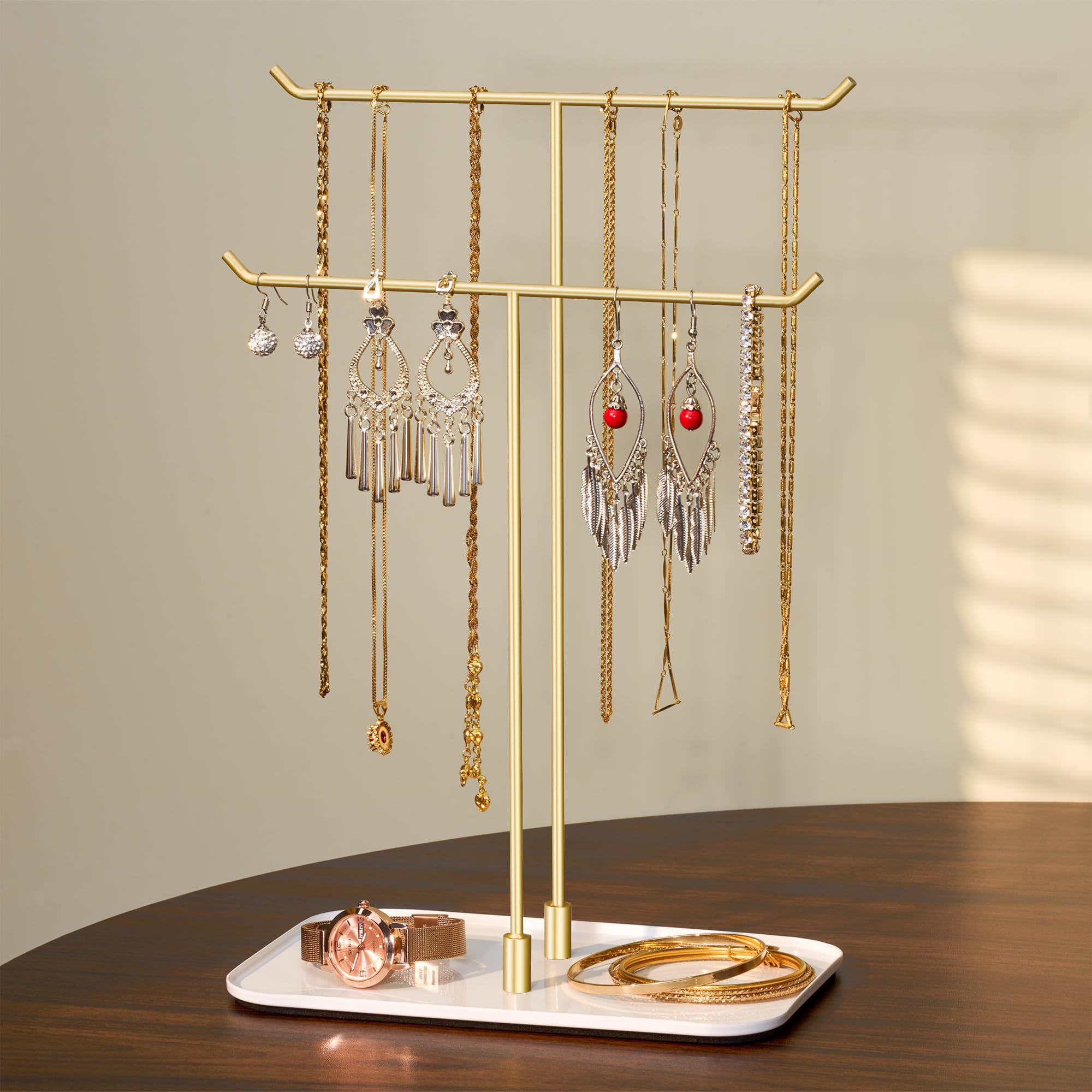 Josmimic Soporte para joyas, bandeja para joyas, organizador de joyas para collares, pulseras, pendientes, anillos, idea de regalo, dorado
