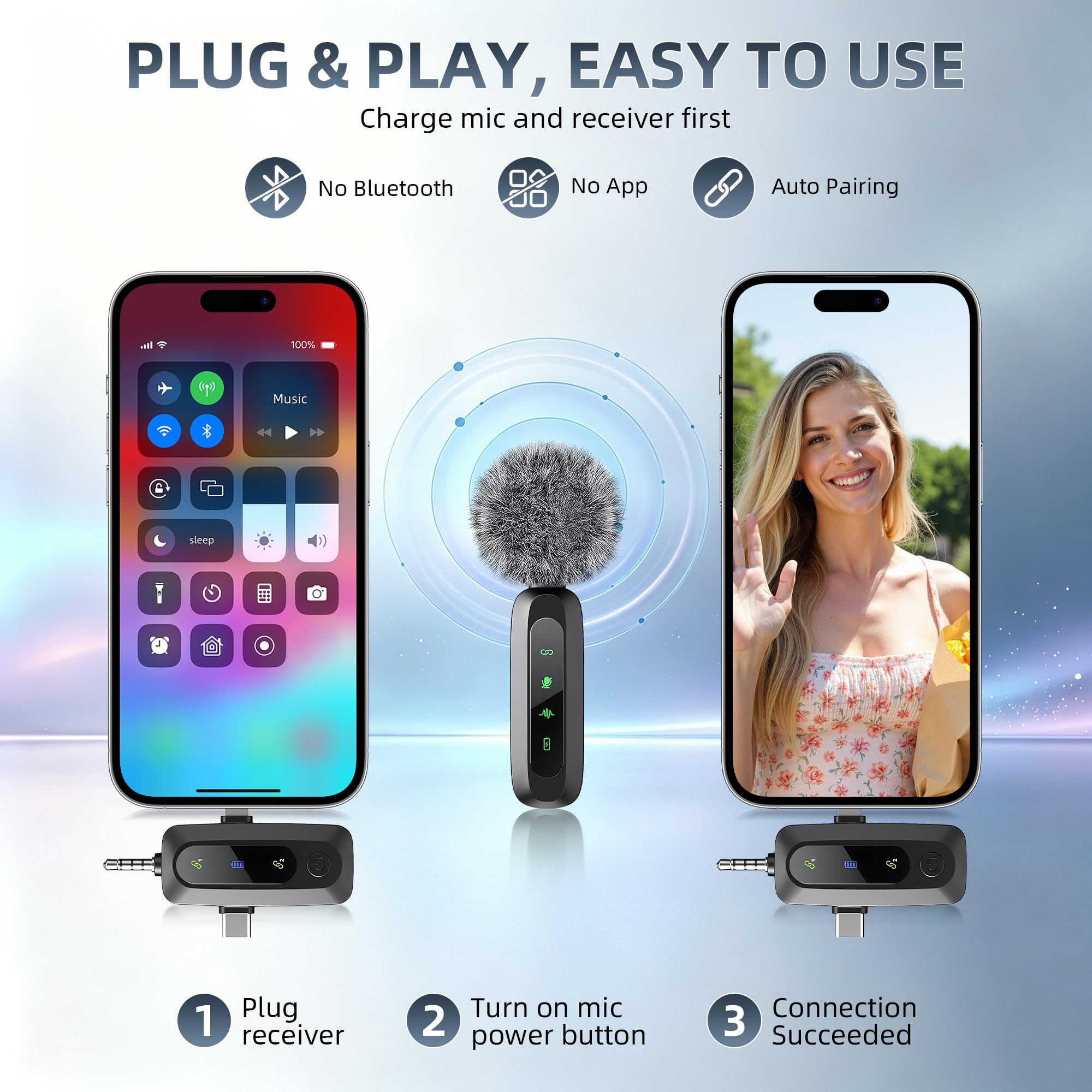 Micrófono Lavalier inalámbrico profesional 3 en 1 para iPhone/Android/cámara (Lightning/USB/conector de 3.5 mm), 2 micrófonos Bluetooth con pantalla LED con silencio/ruido, para video de vlog, Youtube