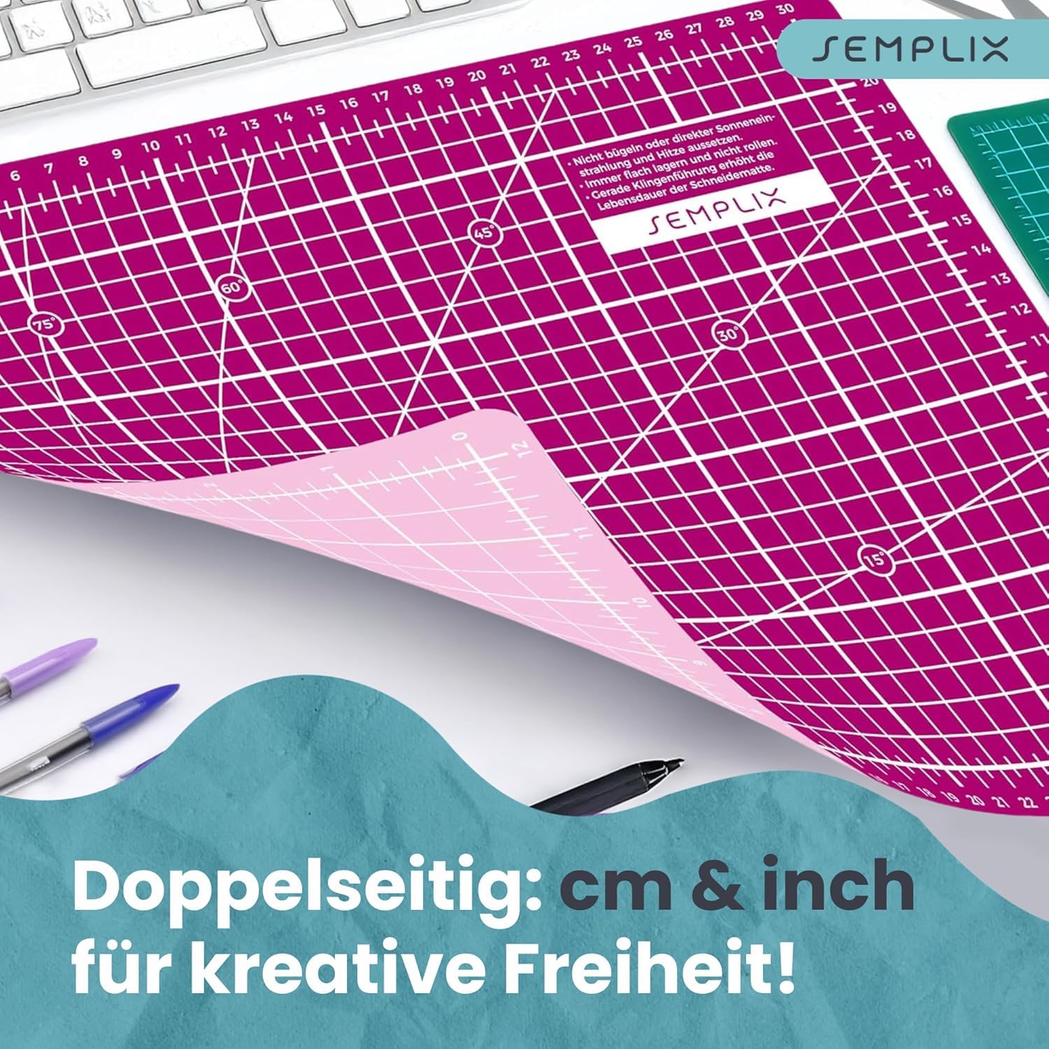 SEMPLIX Selbstheilende Schneidematte A0-A4 - Grün, Rosa, Grau, Türkis, Lila - Ideal fürs Basteln, Nähen & Patchworken - Beidseitig Bedruckt - Vorderseite cm Rückseite inch Bemaßung (Beere-Rosa, A0)