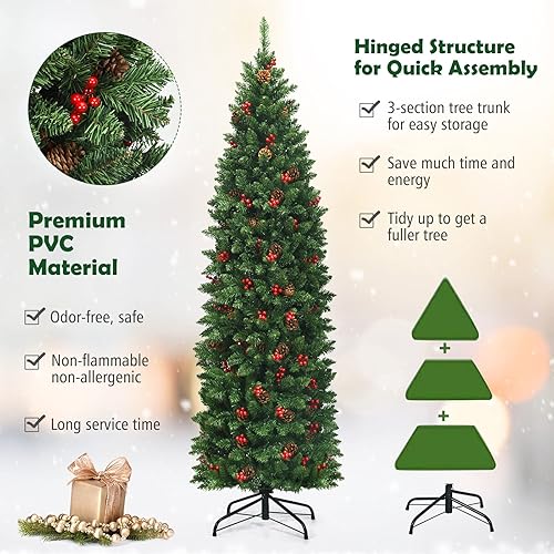 Miniatura 24 de Árbol de Navidad artificial preiluminado de 7.5 pies, árbol de Navidad delgado con 980 puntas de ramas de PVC, 350 luces LED, 75 conos de pino