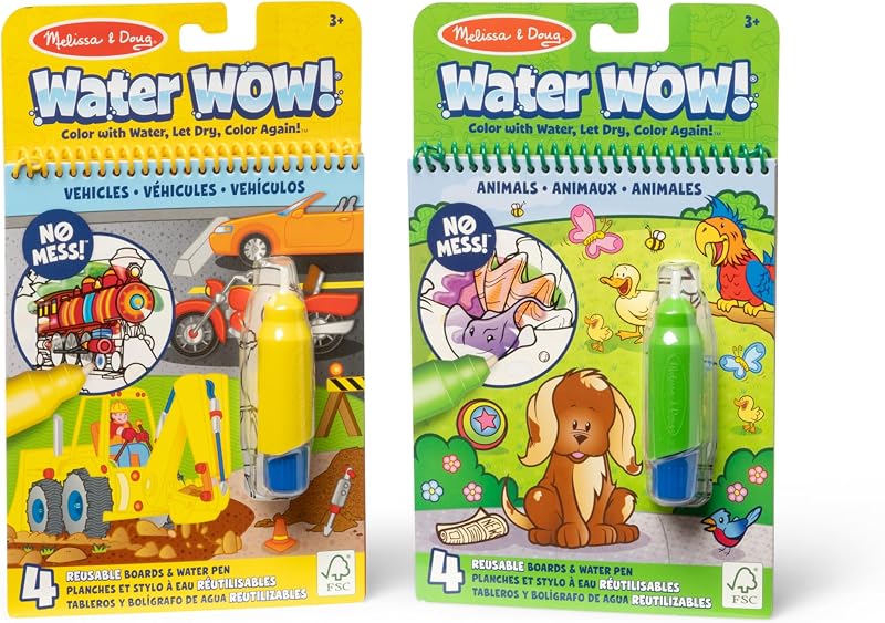 Paquete de 2 paquetes de Water Wow!, libros para colorear reutilizables sin ensuciar | 2 almohadillas de actividad reutilizables, bolígrafos de agua recargables, juguetes de viaje sin ensuciar, manualidades, juegos sensoriales, juguetes preescolares, mayores de 3 años