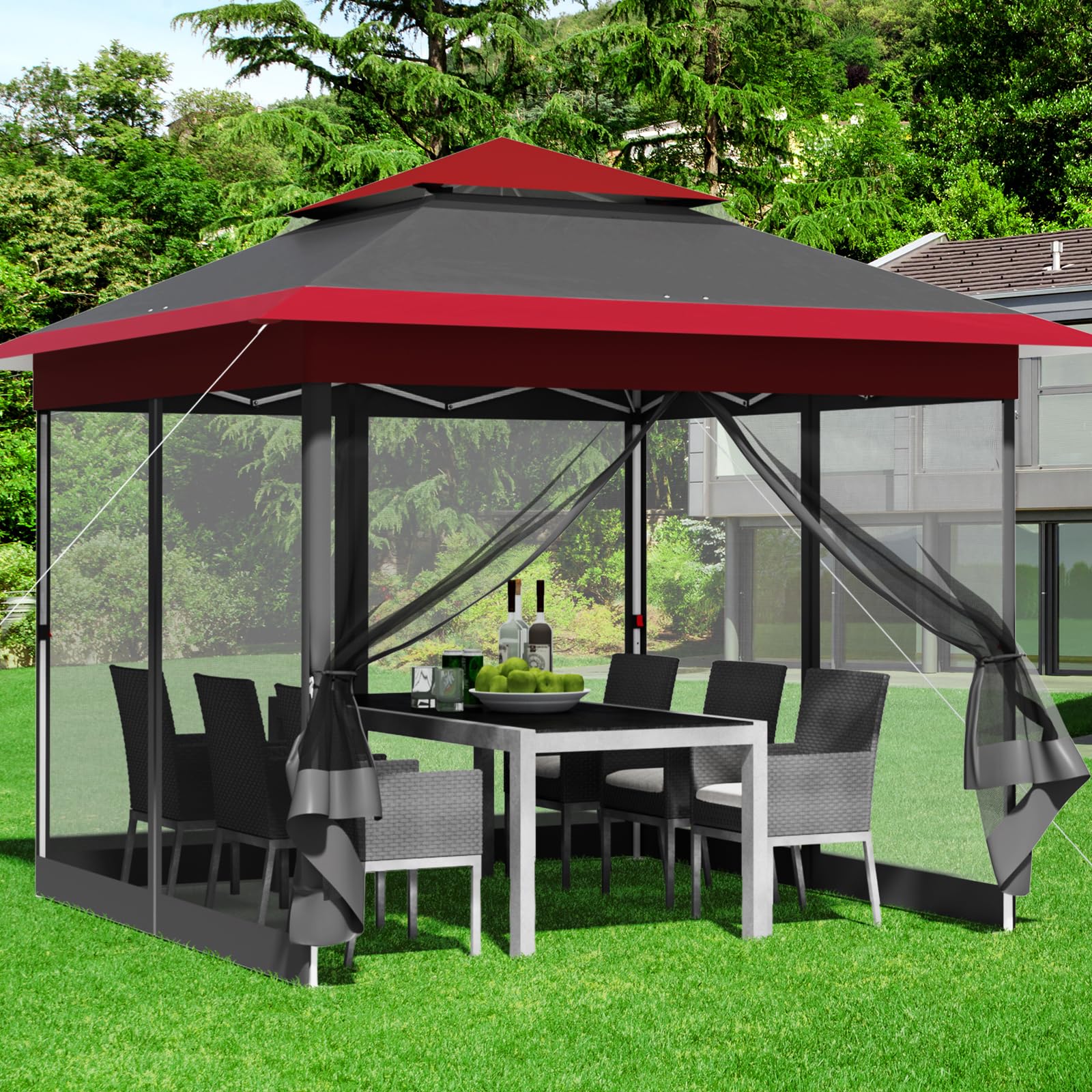 Gazebo pieghevole 3,3x3,3 m, con 4 pannelli laterali in zanzariera, One Push tenda con doppio tetto, Gazebo impermeabile da giardino 4 PCS sacchi di sabbia, per mercato/campeggio, Rosso Grigio