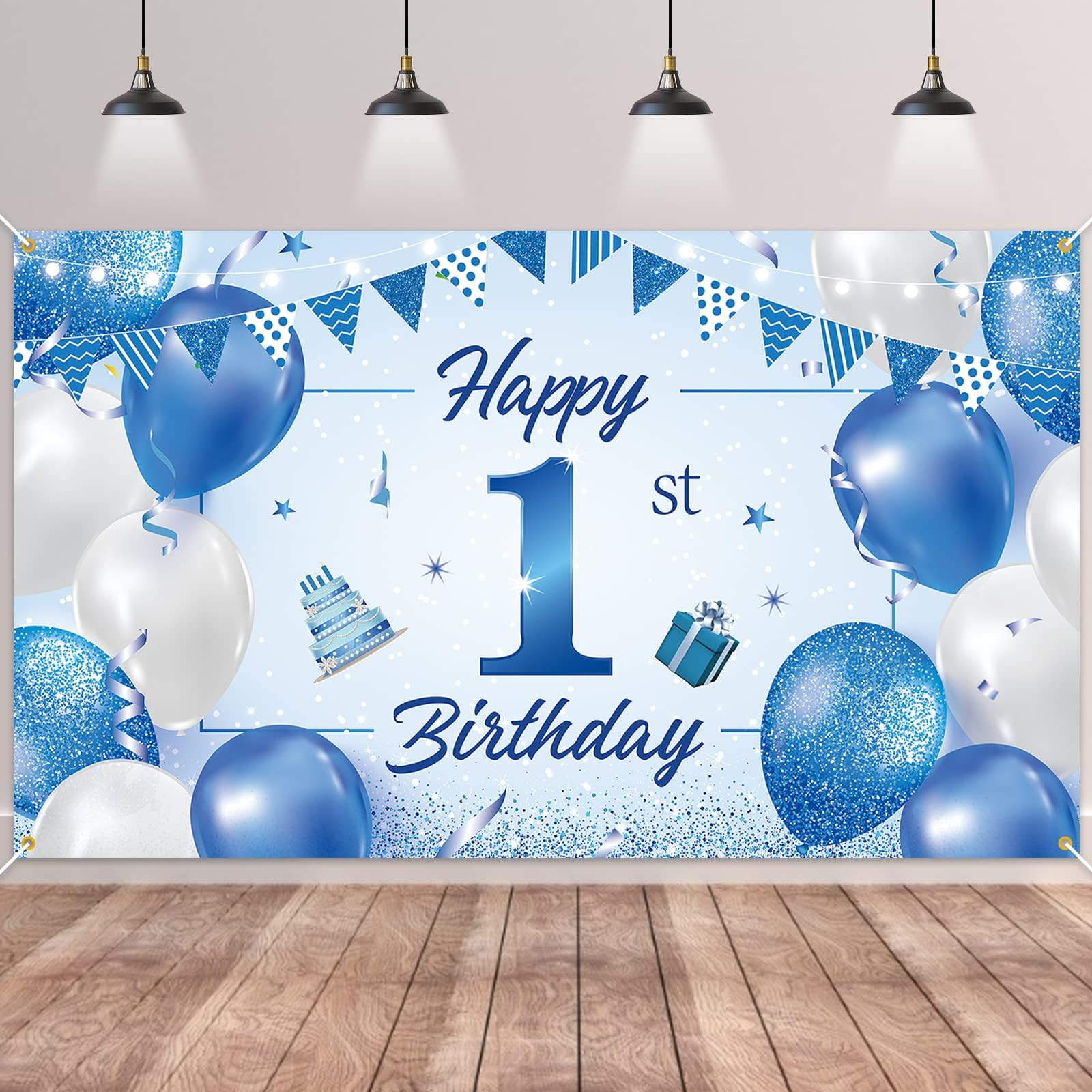 BTZO Happy 1st Birthday Decorations - Blue Newborn Boys Girls First Birthday Backdrop Photography Background Baby Shower Banner