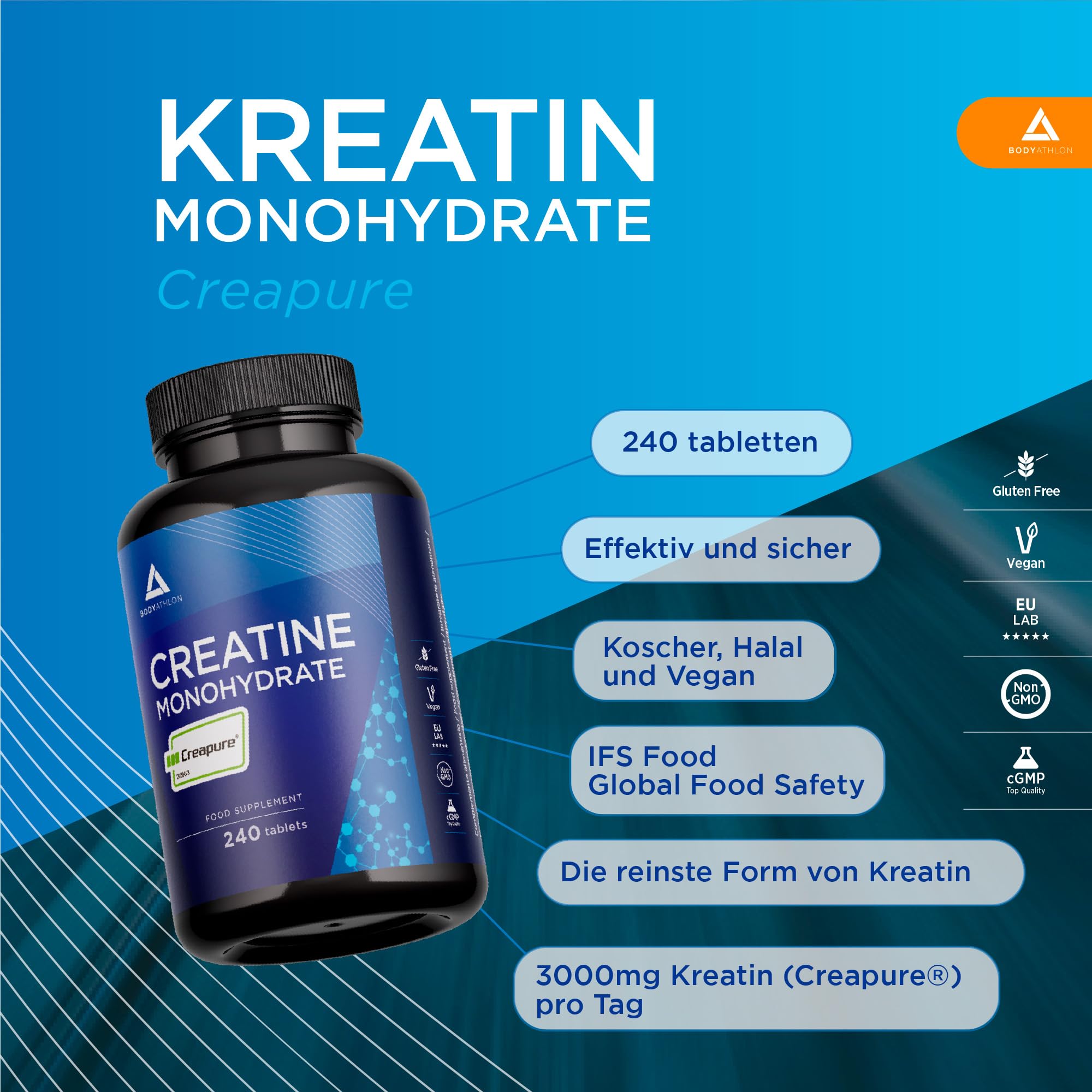 Creatin Creapure 240 tabletten | Kreatin Monohydrat Reines Creapure creatin 3000 mg| Glutenfrei, Vegan, Geschmacksneutral | 240 kreatin kapseln monohydrat Creapure | Bodyathlon
