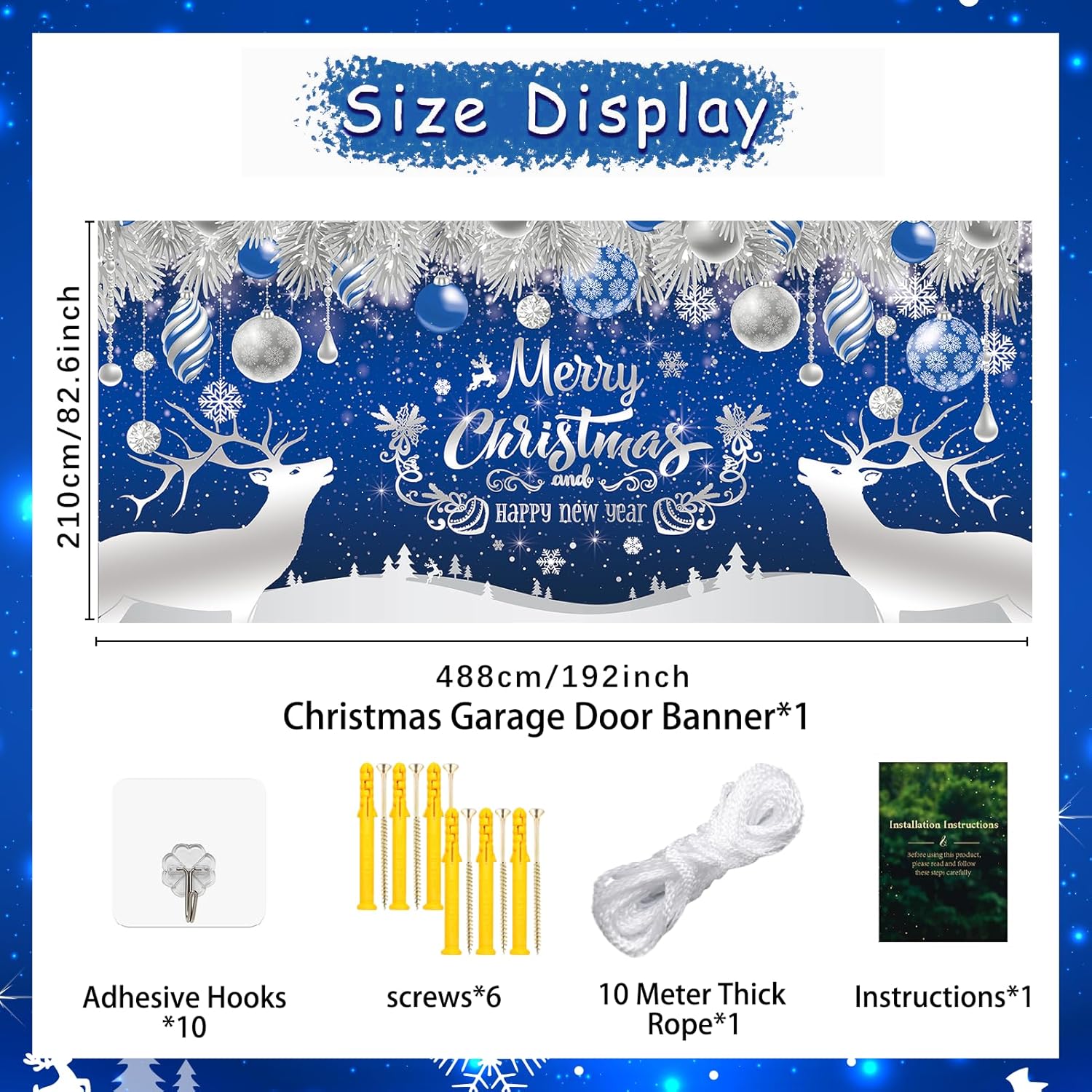 Trgowaul Christmas Garage Door Decorations, Blue Snowflake Holiday Large Christmas Garage Door Cover, Xmas Garage Door Banner, Happy New Year Outdoor Garage Party Supply Photography Background 7x16ft