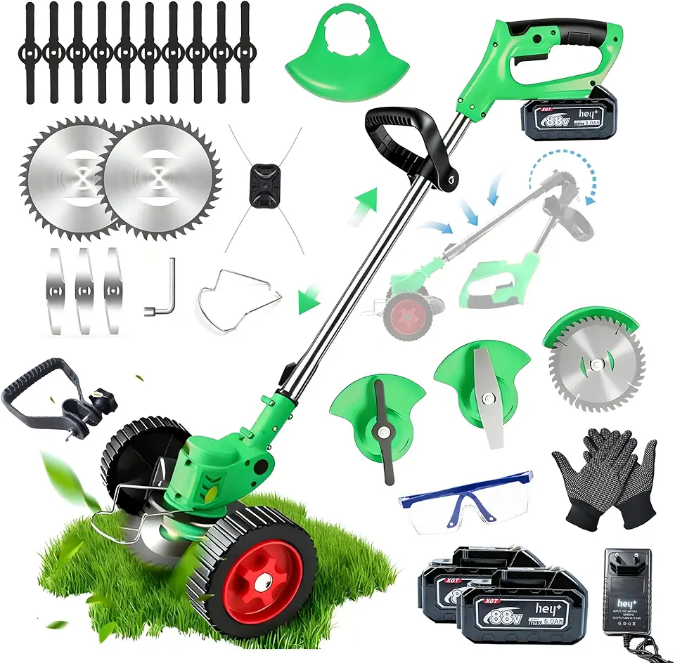 Cortador de grama com 16 lâminas, Modo com rodas e modo sem rodas, com 2 Baterias de 5000mAh e Carregador Rápido,aparador de grama elétrico potente de 2500W para uso doméstico