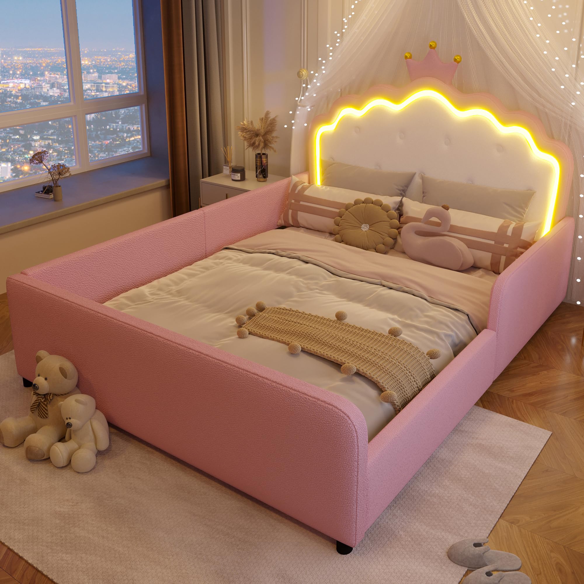 Cadre de Lit Princesse 140x190 cm, Cadre Rembourré PU Rose avec Tête de Lit Couronne LED Intégrée et Barrières de Sécurité pour Chambre de Fille, sans Matelas
