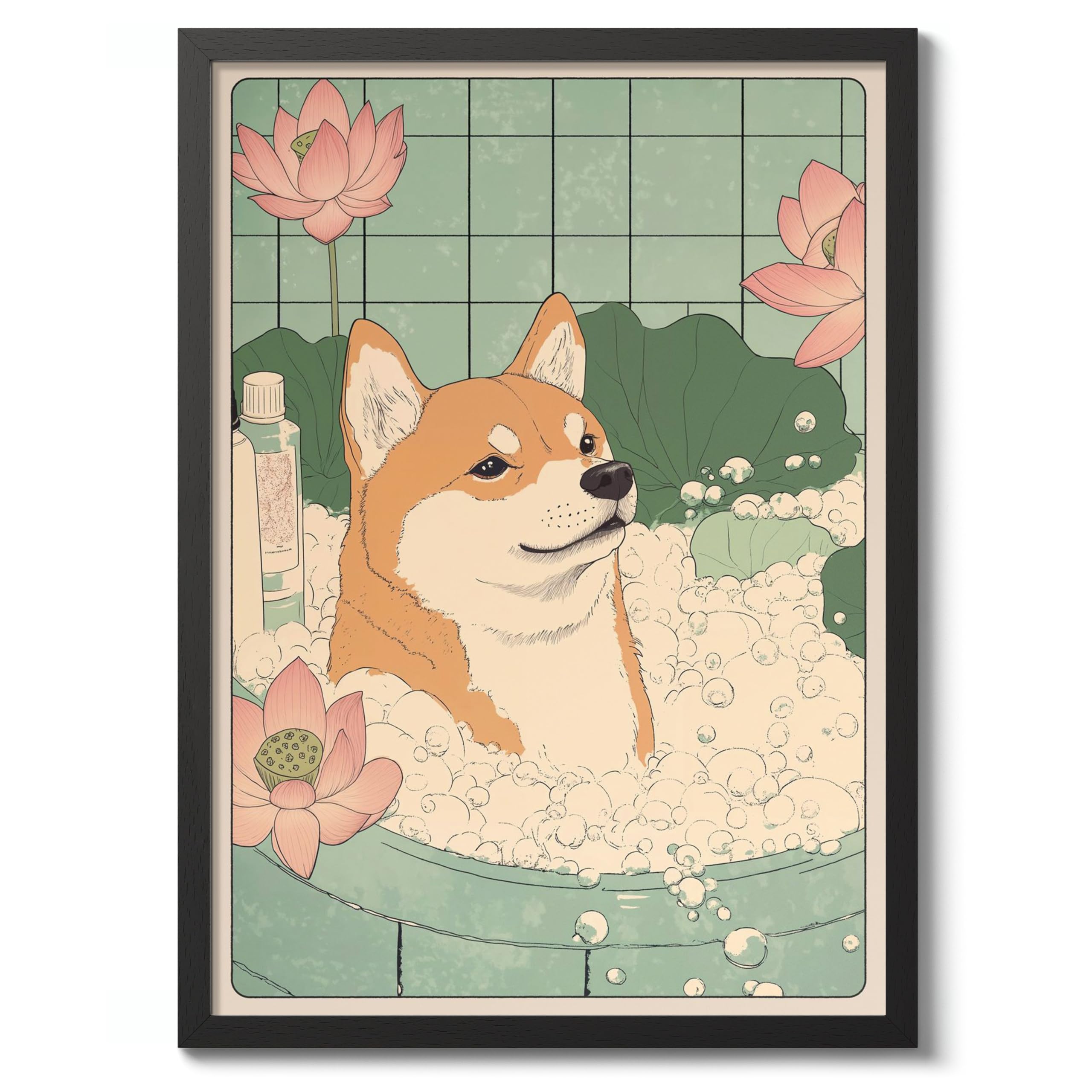 Shiba Inu Bathtime Anime Animal Poster, Funny Bathroom Wall Art Print, Manga, Bathroom Wall Art, Toilet Decor, A3 (Black Frame) - 45x32.8cm