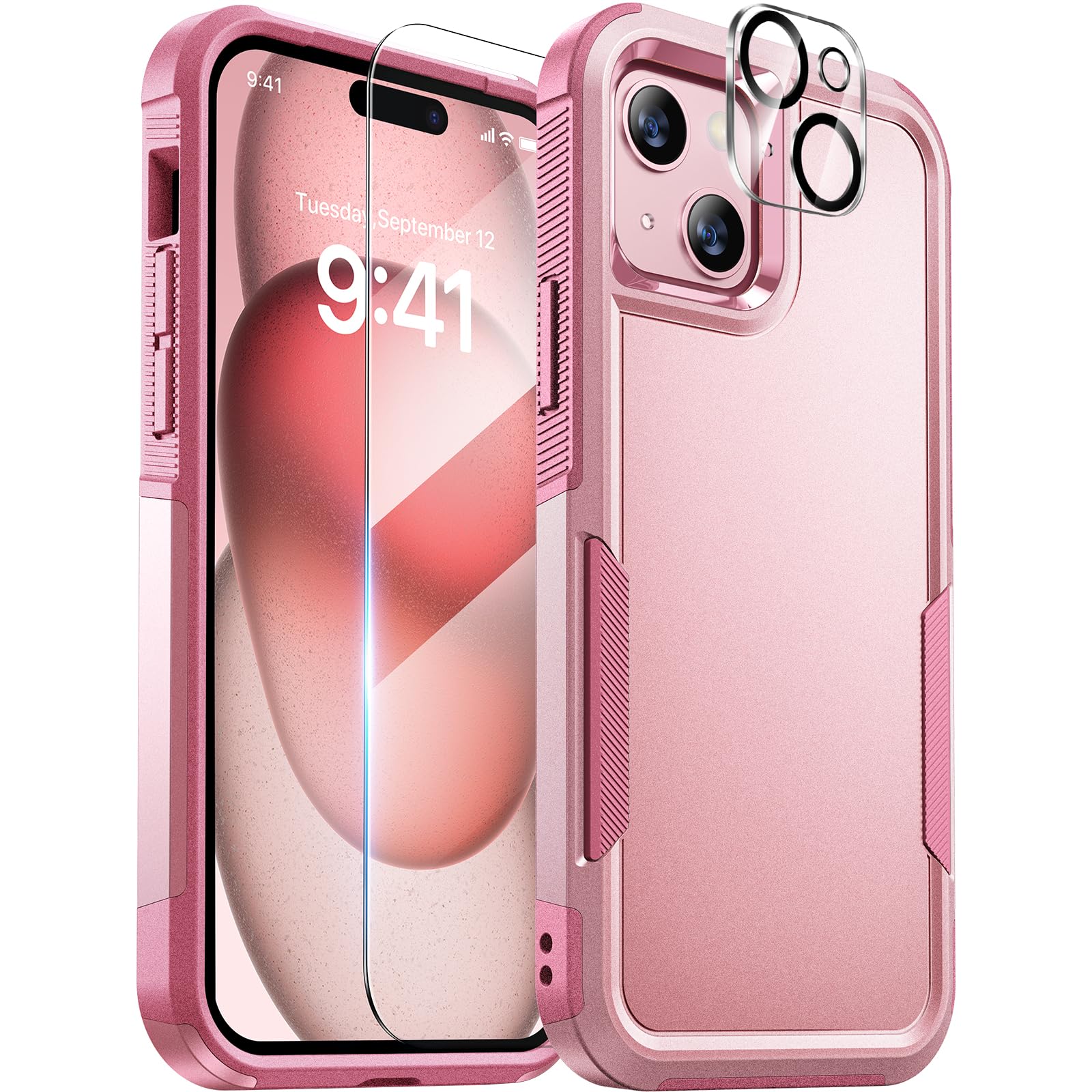 Diaclara Designed for iPhone 15 Case, [Military Grade Drop Protection] with 9H Tempered Glass Screen Protector + Camera Lens Protector Heavy Duty Full-Body Shockproof Phone Case for iPhone 15, Pink