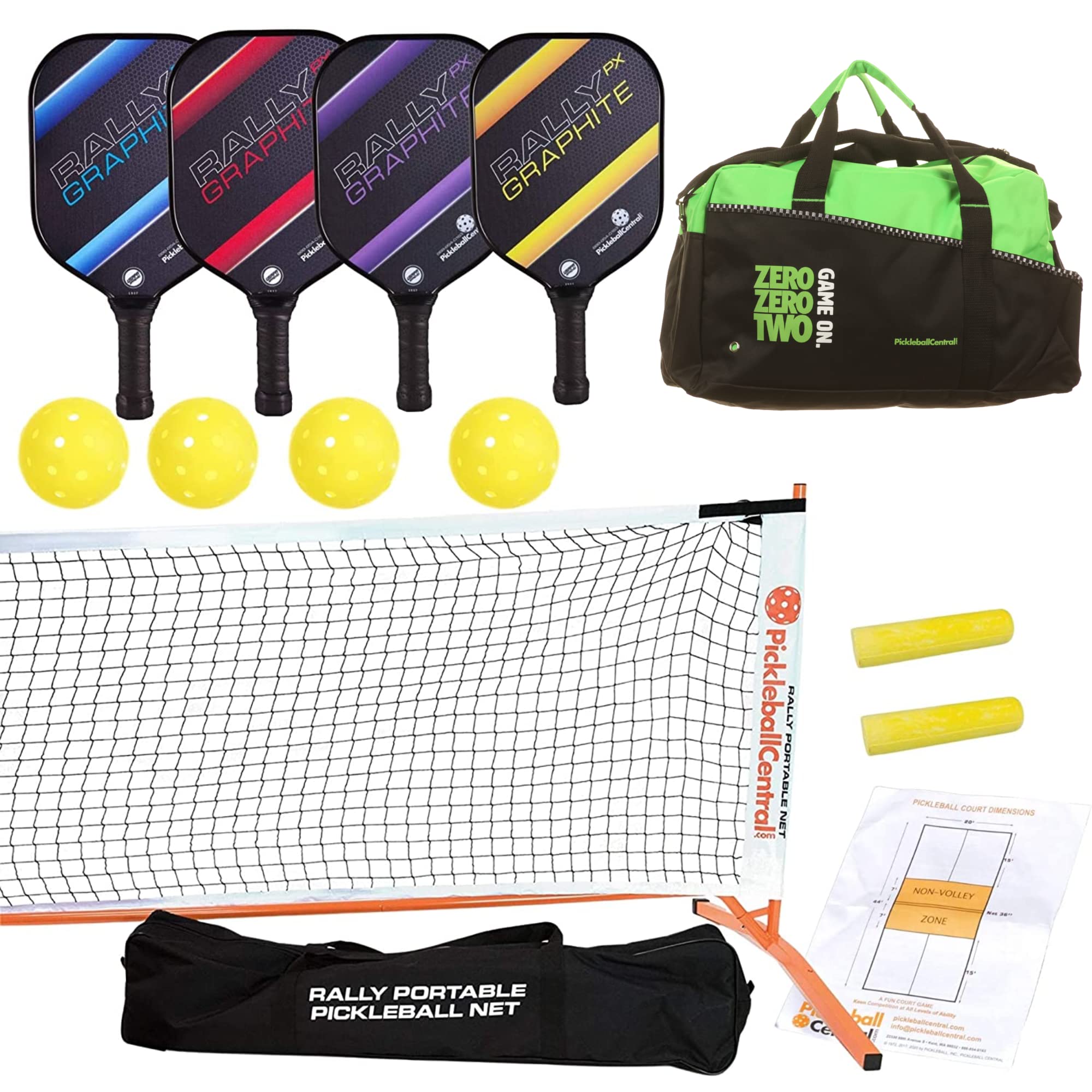 Rally PX Graphite Complete Pickleball Set for 4 Players (Portable Pickleball Net + 4 Graphite Paddles + 4 Outdoor Pickleballs + Duffel + 2 Chalk + Rules/Strategy Guide)