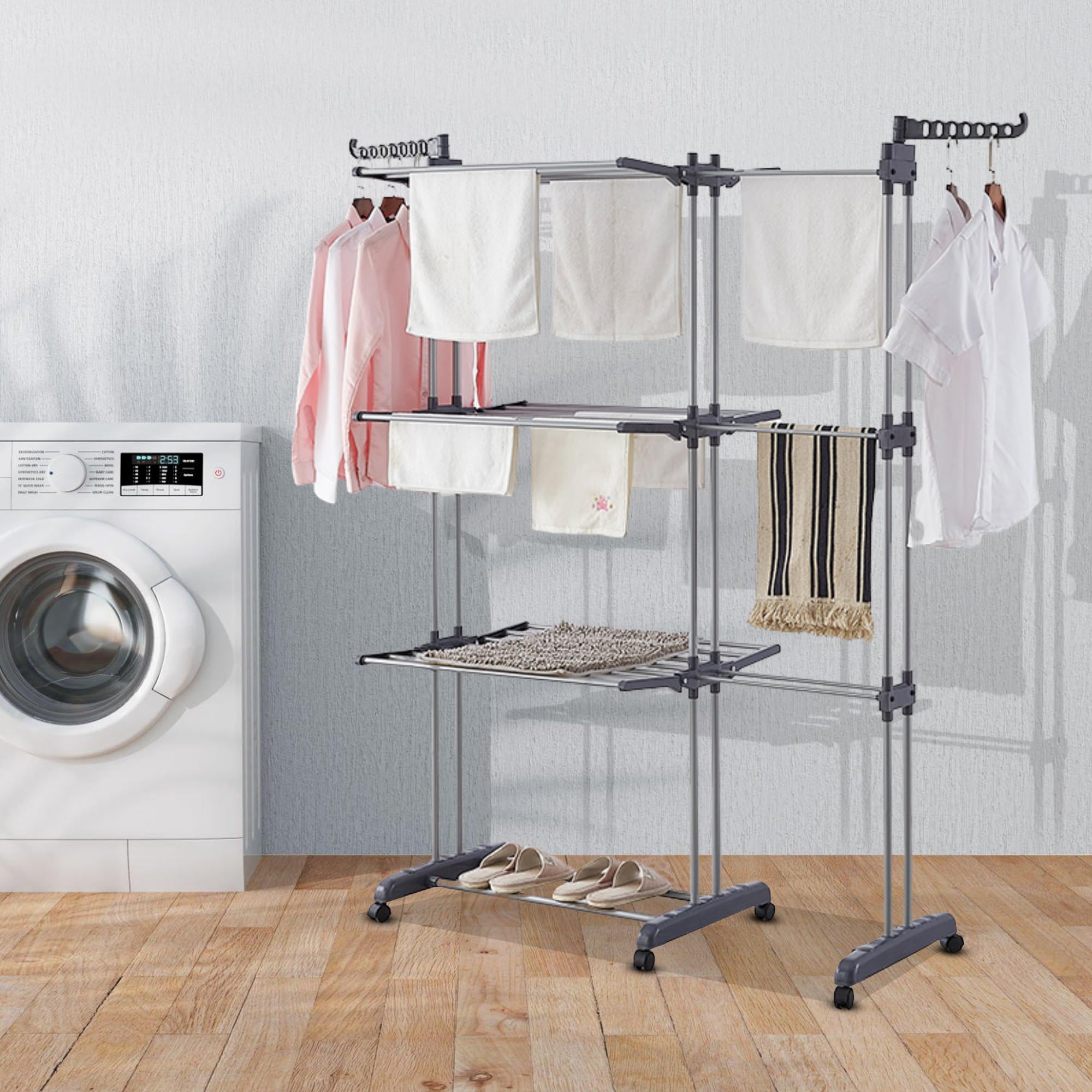 Vonia Stendibiancheria A Doppia Torre Xl - Stendibiancheria Pieghevole A 3 Ripiani Con Ruote | Stendini Da 150 Cm E Appendiabiti | Stendini Resistente - Grigio