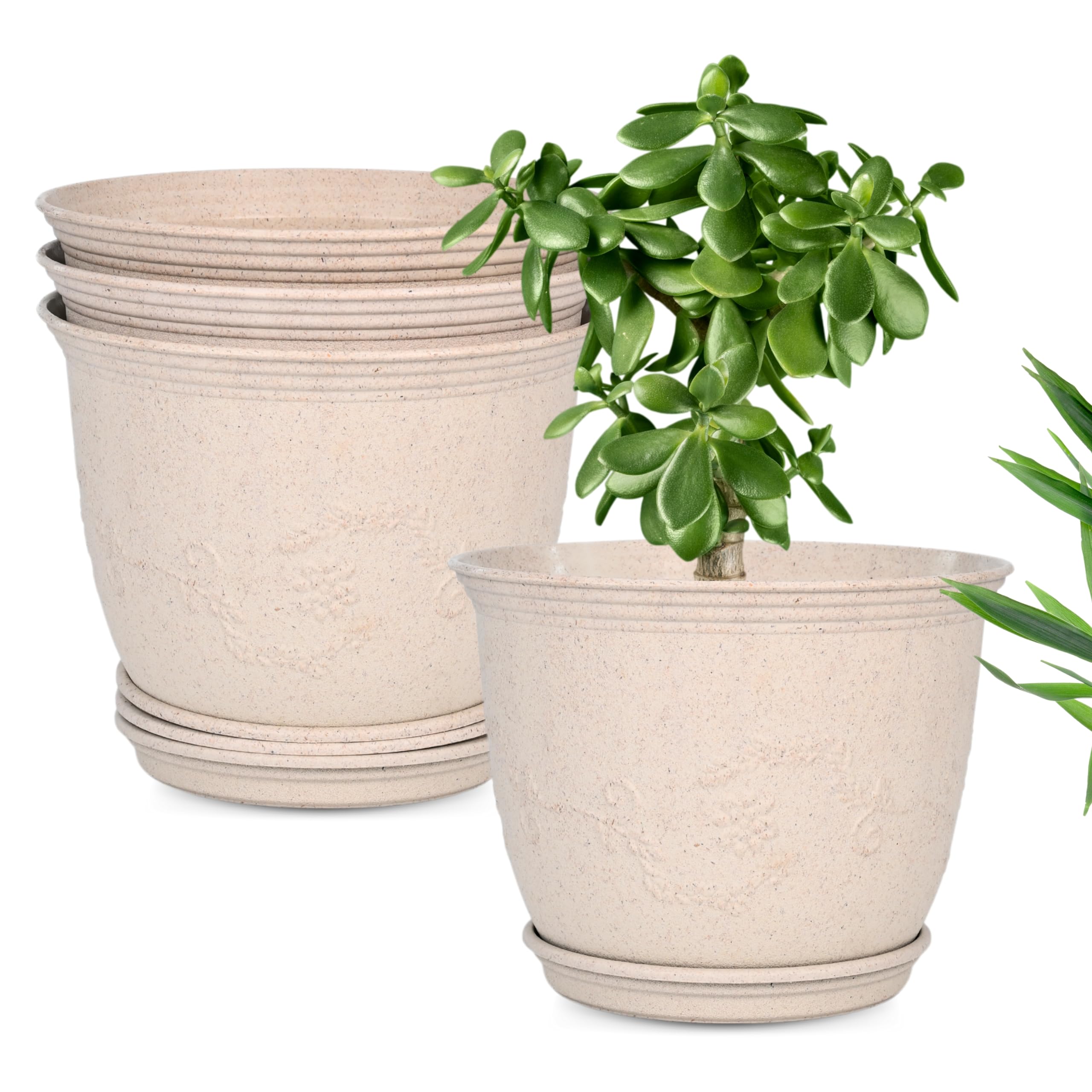 Eha Earth-Friendly 8" Leafy Planters with Tray |Set of 4| Bamboo Fiber | UV Protected | Drainage Hole | Pots for Indoor, Outdoor, Balcony & Garden | Sand Castle