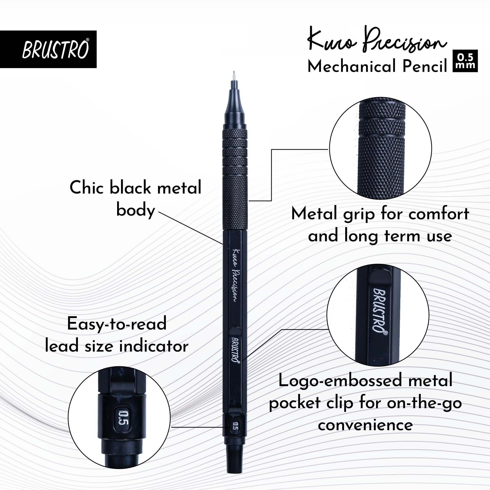 BRUSTRO Kuro Precision Mechanical Pencil | Tip Size - 0.5mm With 20 - HB and 20-2B leads, 3 Eraser Refills| Ideal For Writing, Sketching, Drawing, Mandala Arts and Fine Art Students 1