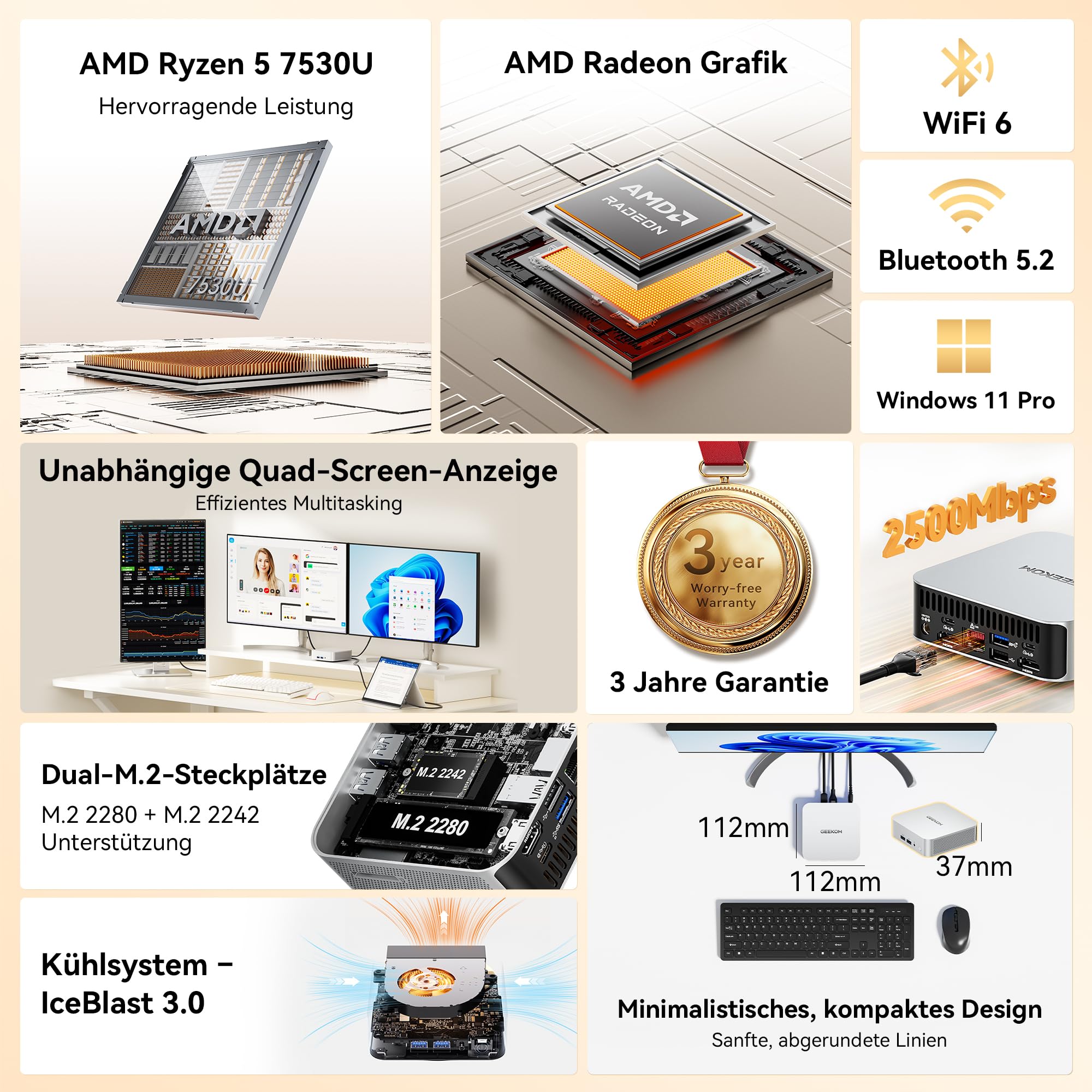 GEEKOM Mini PC A5 Pro 2026 Edition mit AMD Ryzen 5 7530U, 1TB SSD 16GB RAM(Deckt 95% der Nutzer ab) Mini Desktop PC, Windows 11 Pro Vorinstalliert, 2 x USB 4/8K Quad-Display/SD Card für Office/Home