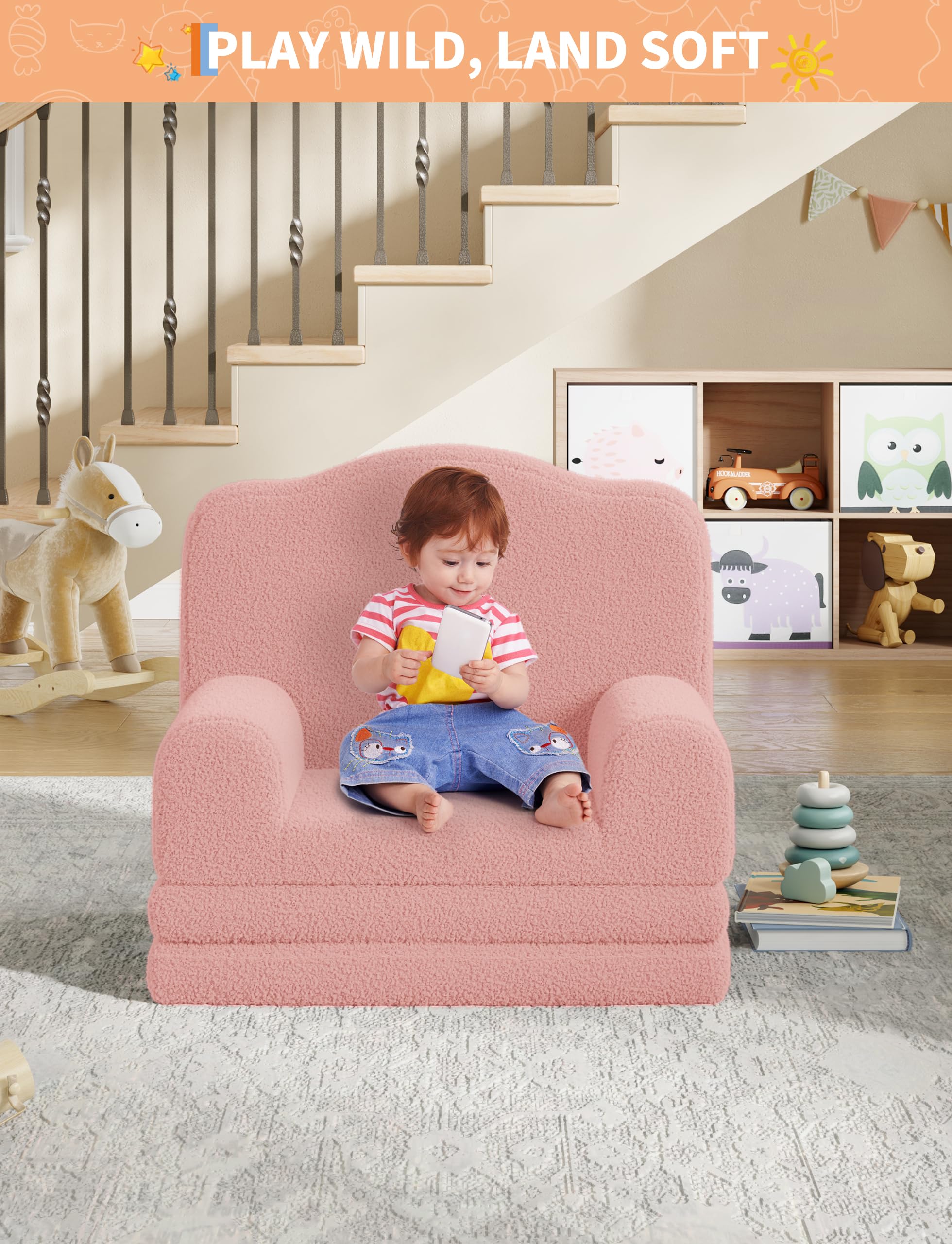 GarveeHome Rosa Kinder-Sessel, Weiches & bequemes Kindersofa für Kinderzimmer, Wohnzimmer, Schlafzimmer & Innenraum, Größe 58 x 45 x 50 cm