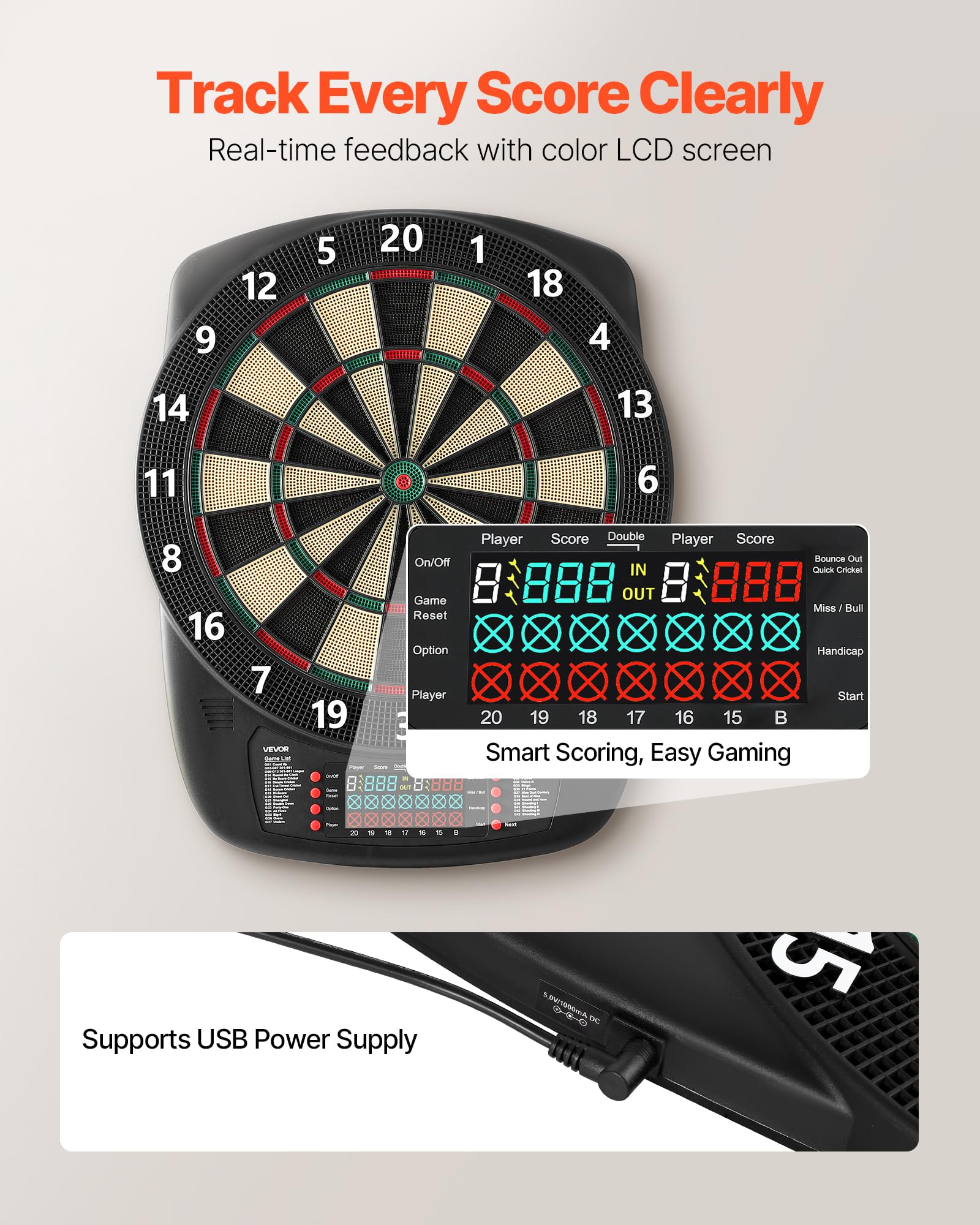 VEVOR Diana Electrónica 43 Juegos 200 Variantes 8 Jugadores 6 Ejes Dardos Marcador LCD PP ABS 517 x 424 x 30 mm